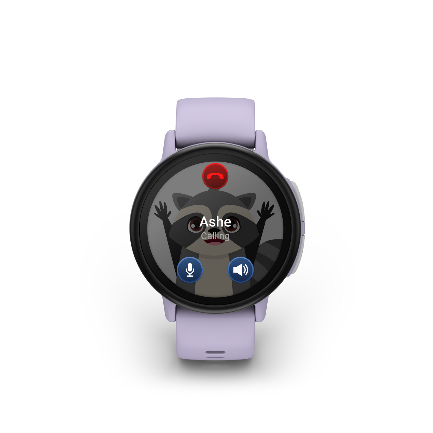 Garmin Bounce 2 smartwatch with light purple band; screen shows Ashe calling with raccoon graphic and mic and speaker icons