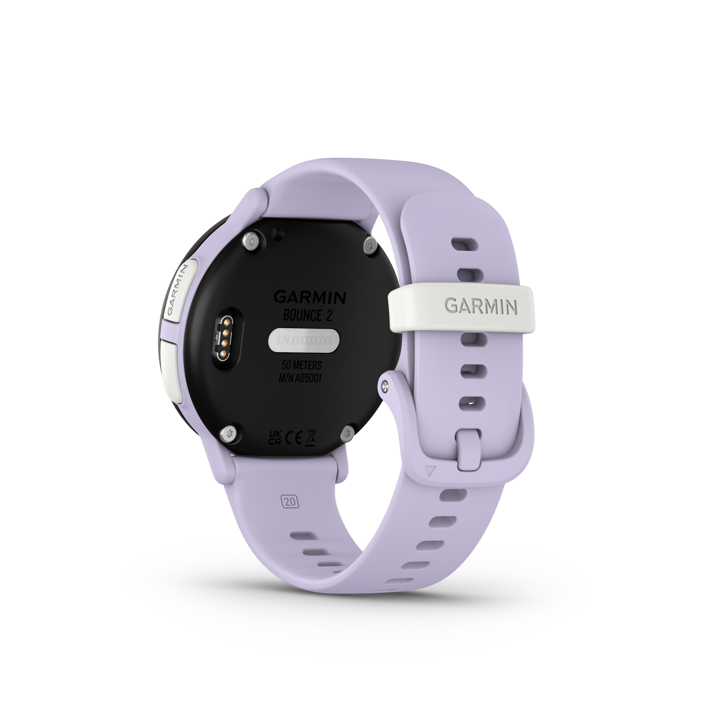 Garmin Bounce 2 smartwatch in light purple, back view with lavender band and silver buckle