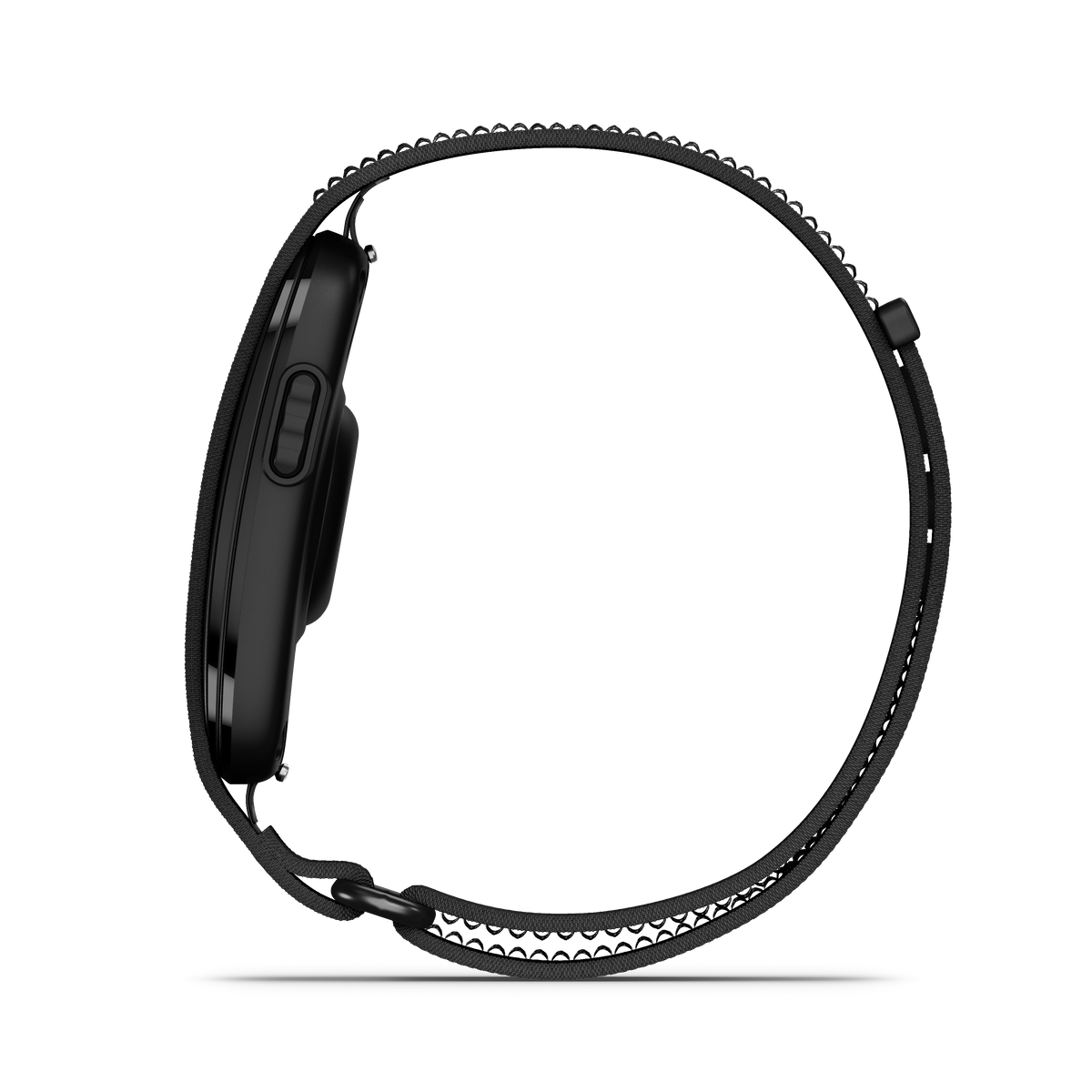 Black Garmin CIRQA smart band with woven strap, featuring a screenless design for advanced health tracking and comprehensive fitness data monitoring.