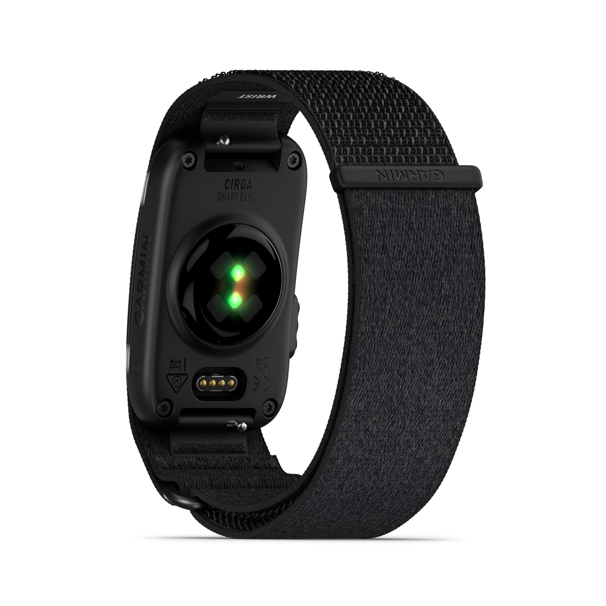 Back view of black Garmin CIRQA Smart Band showing optical heart rate sensors with green lights and woven fabric strap.