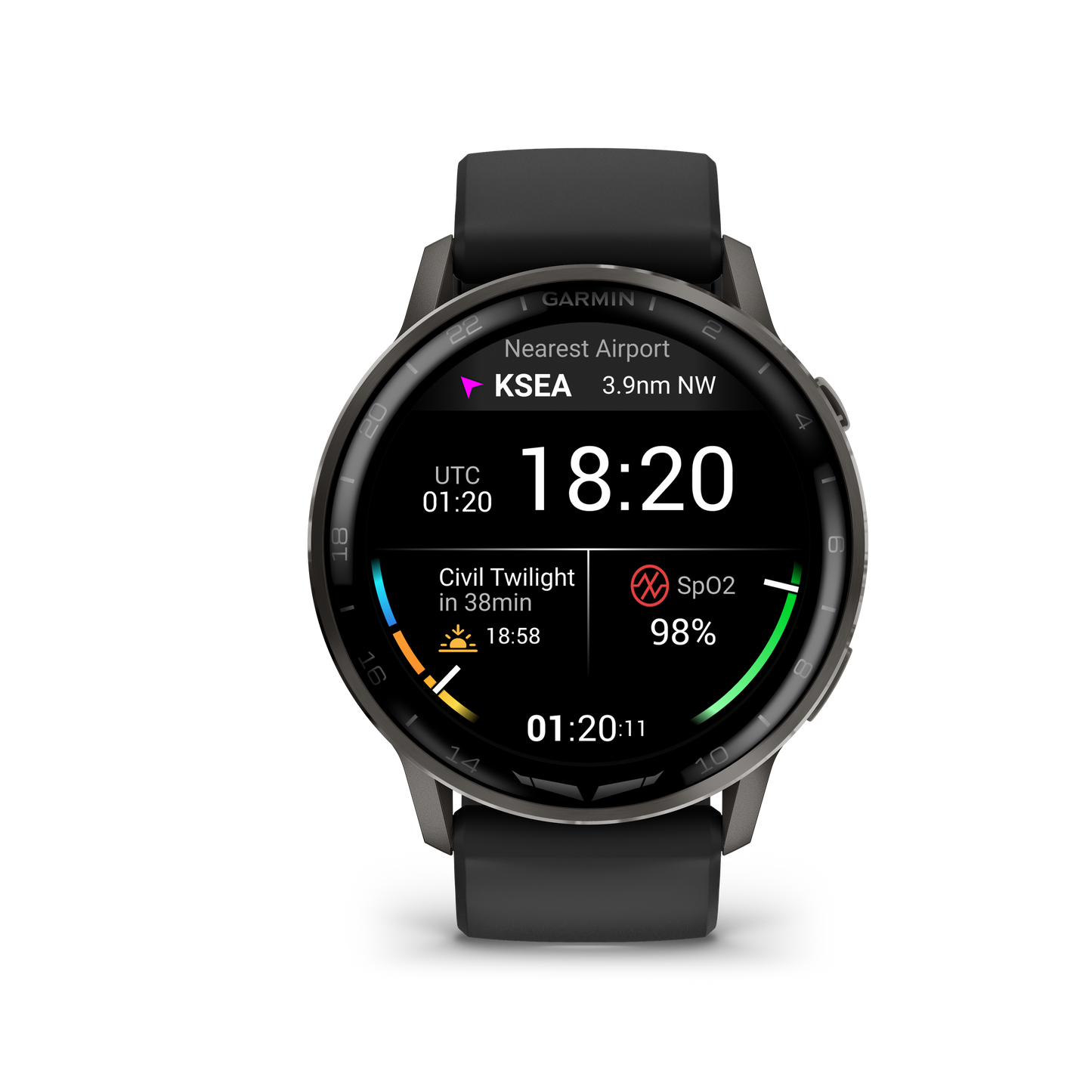 Garmin D2 Air X15 aviation smartwatch with slate case and black silicone band.