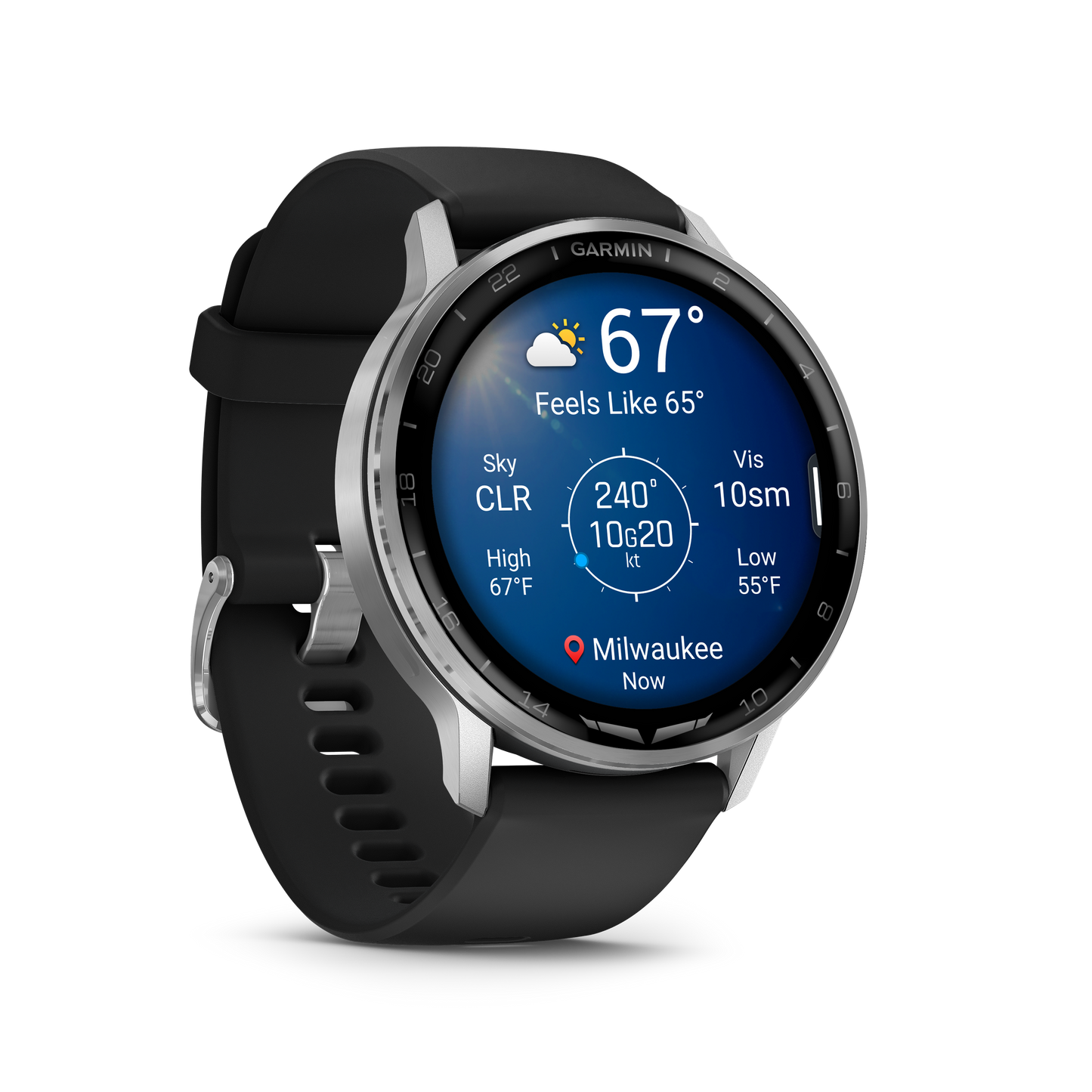 Garmin D2 Air X15 smartwatch with silver case and black silicone band, round display showing weather and Milwaukee.