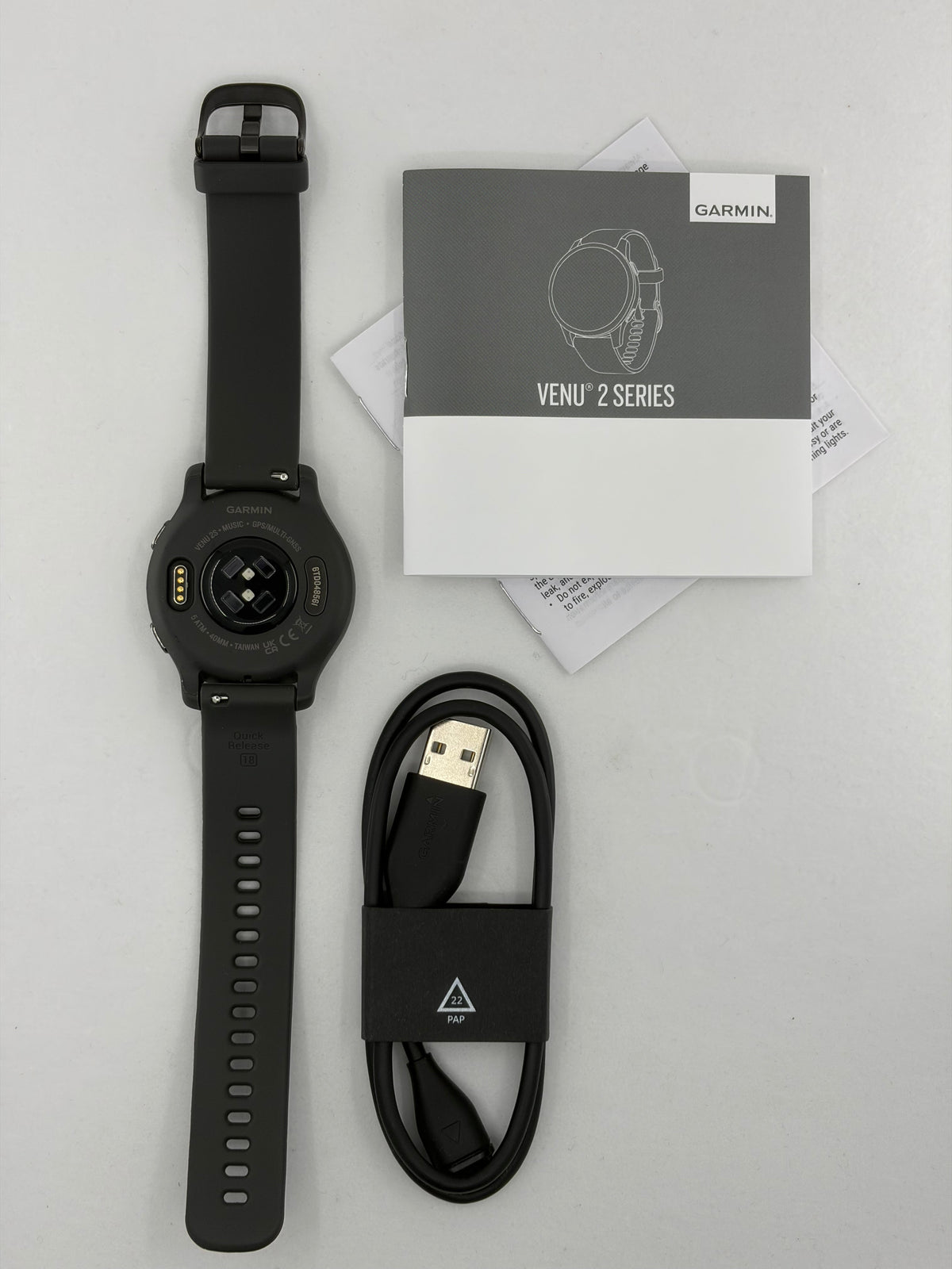 Garmin Venu 2s smartwatch, slate bezel with graphite case, certified refurbished, includes charging cable.