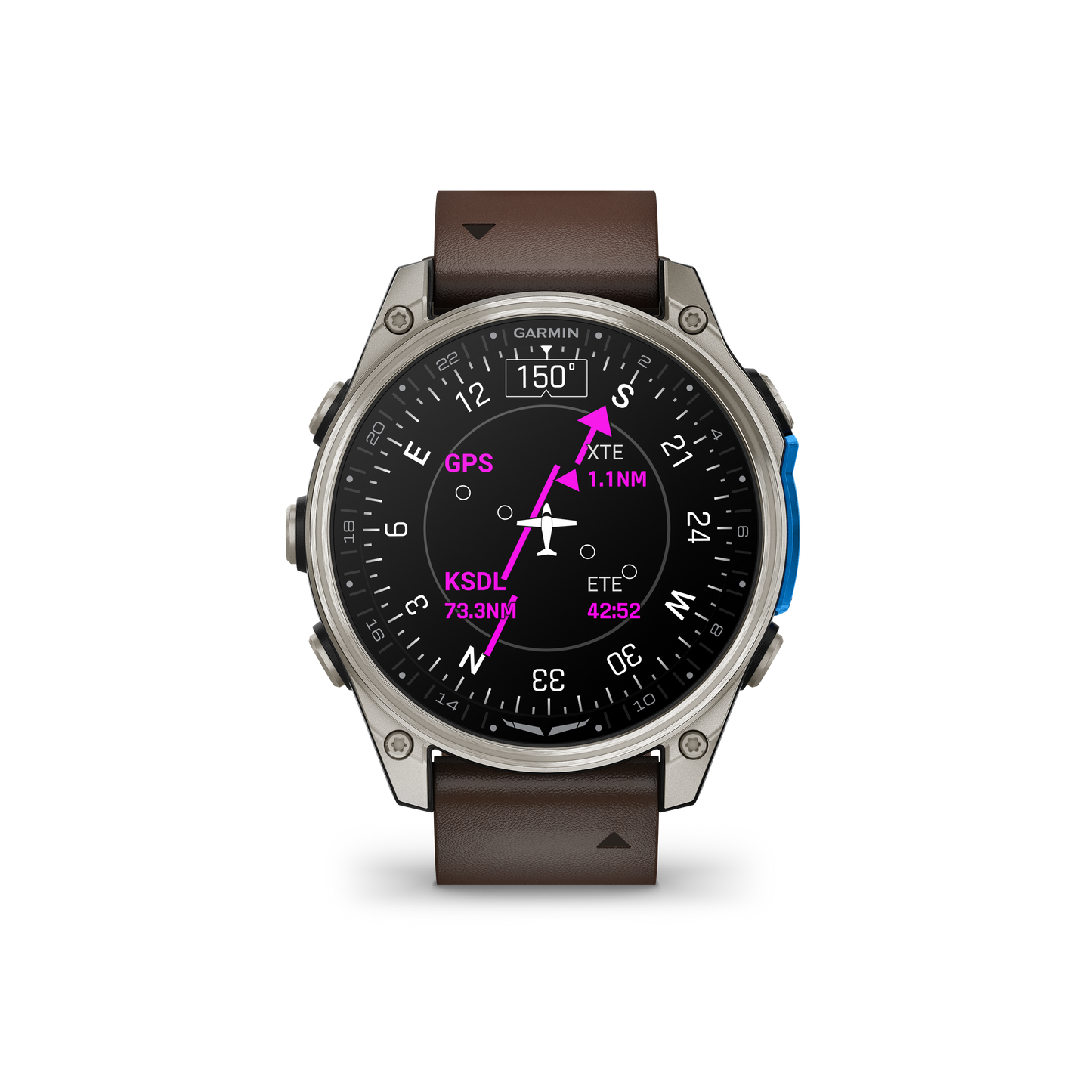 Garmin D2 Mach 2 titanium smartwatch with Oxford Brown leather band showing aviation GPS map display readouts