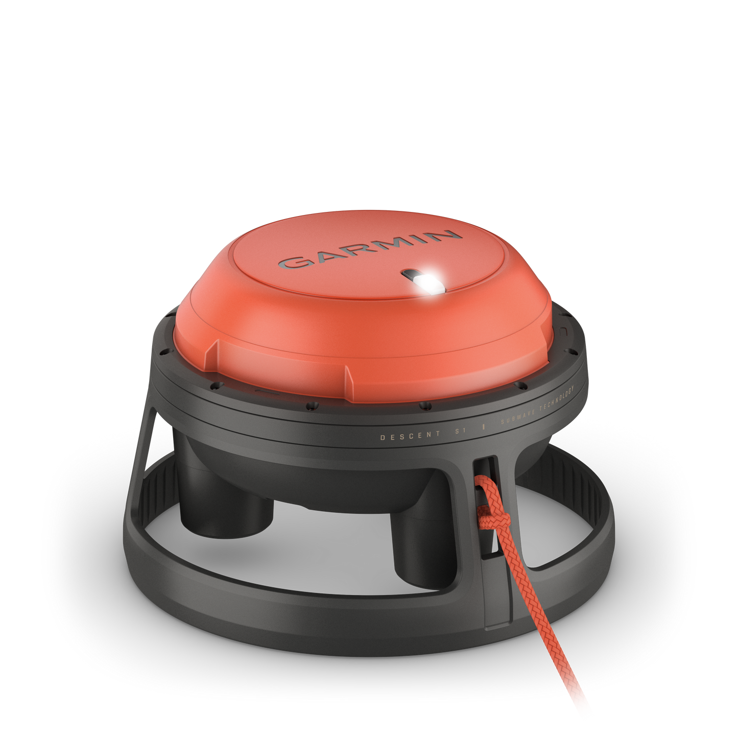Garmin Descent S1 buoy, orange top with gray base and visible Garmin logo