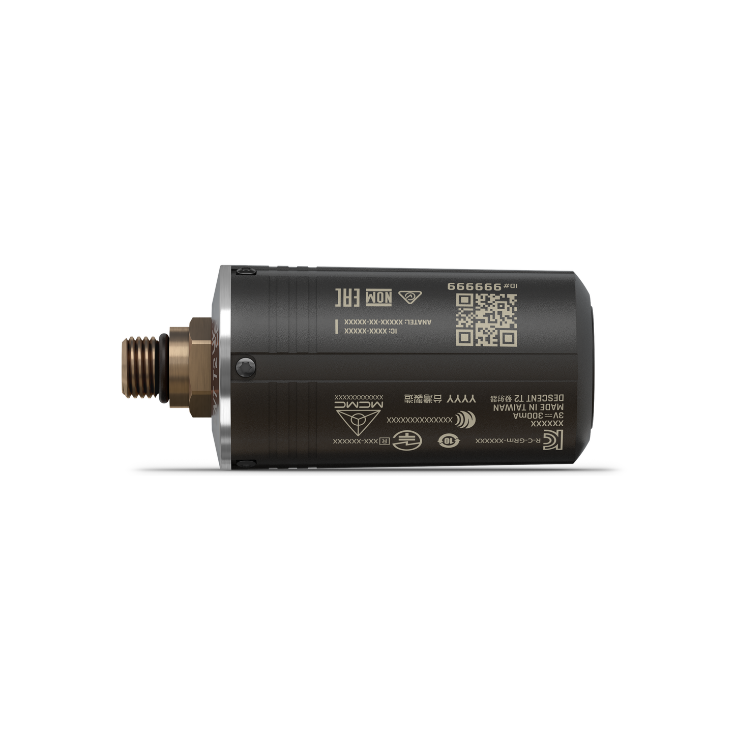 Garmin Descent T2 Transceiver, black cylindrical dive computer accessory with copper connector and QR code label.