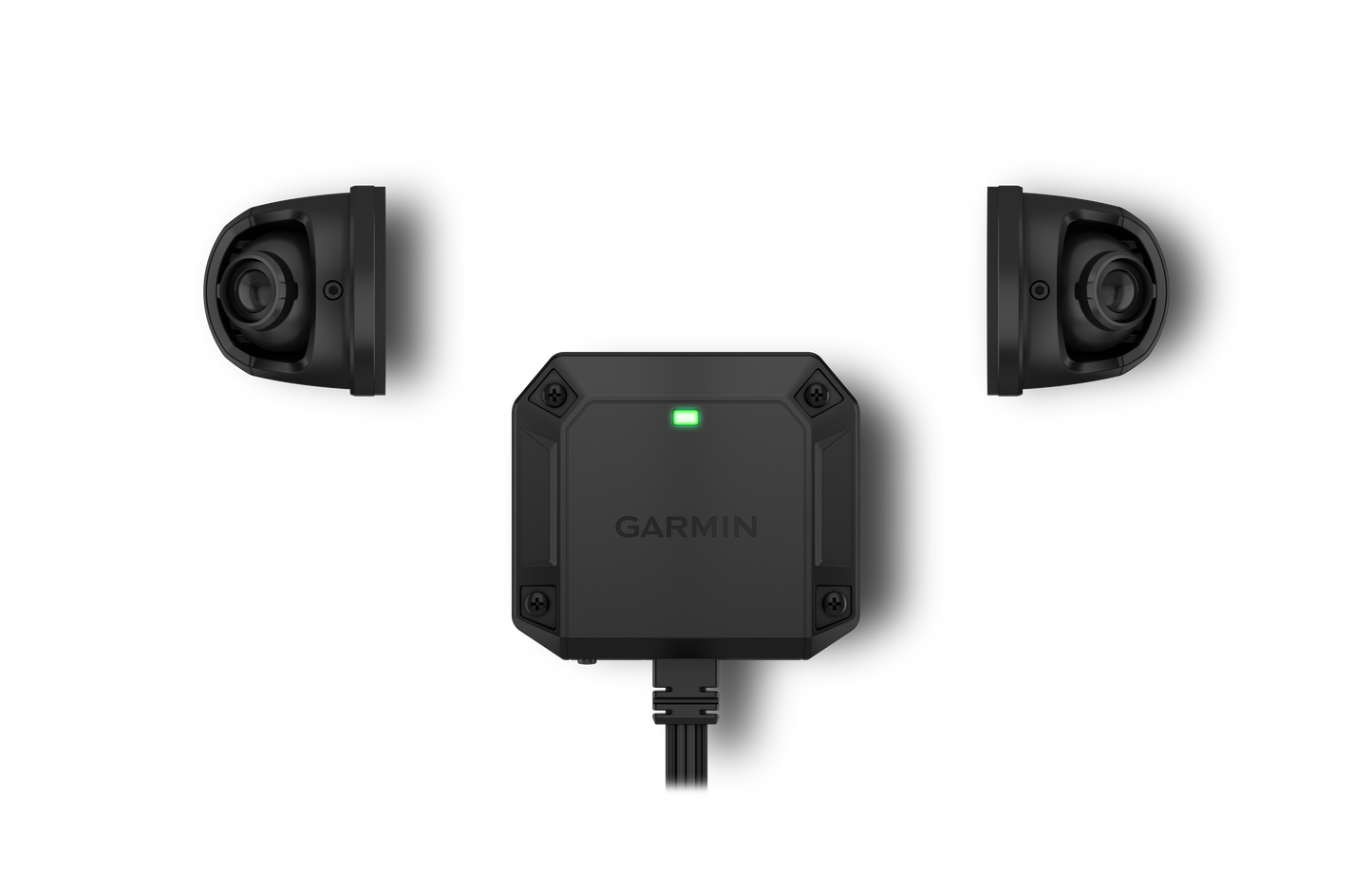 Garmin dēzl DualView dash cam with dual side cameras and green LED indicator.