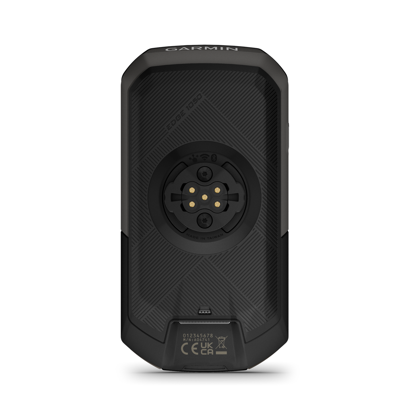 Garmin Edge 1050 bike computer back view with round mount and gold contact pins