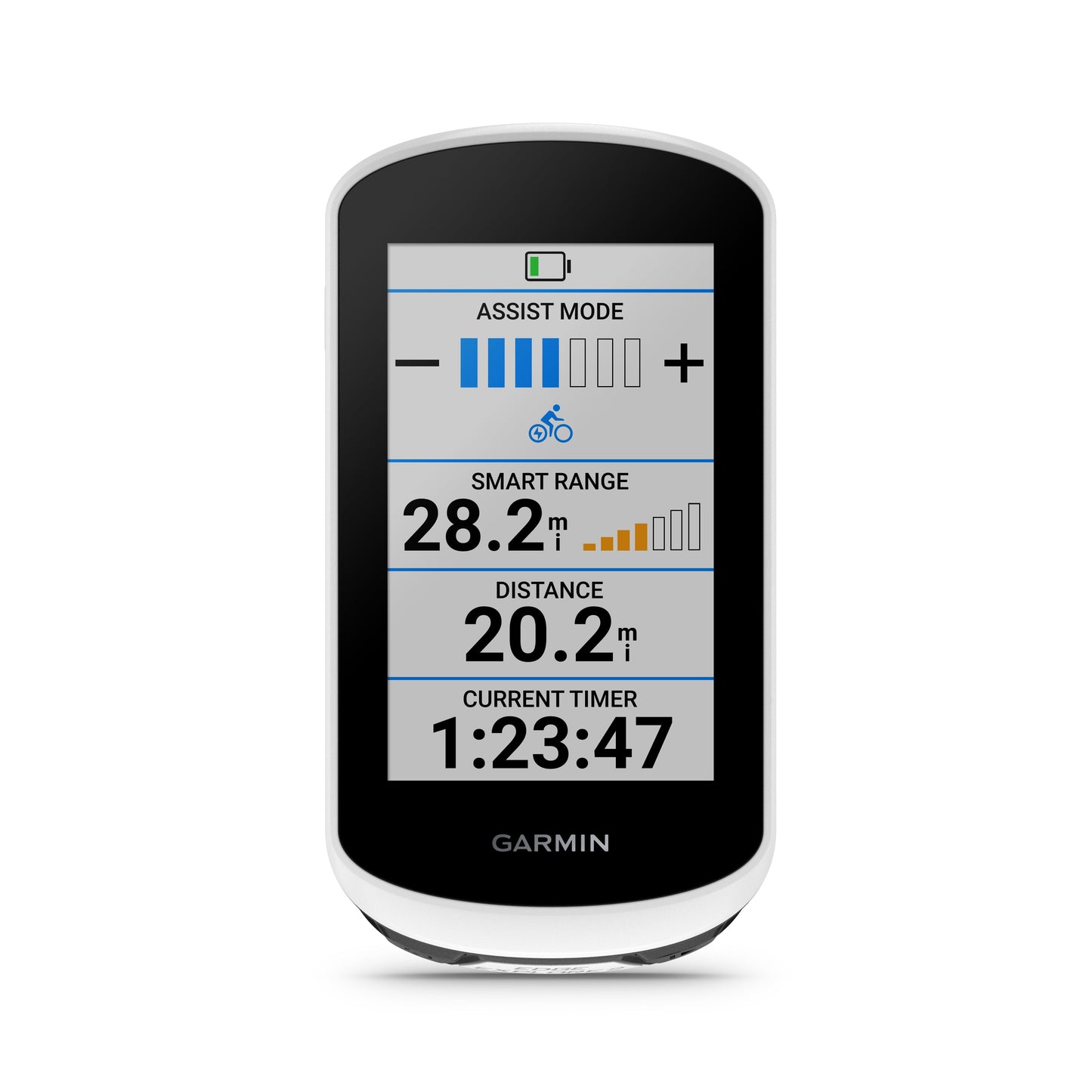 Garmin Edge Explore 2 bicycle computer with white body and black bezel.