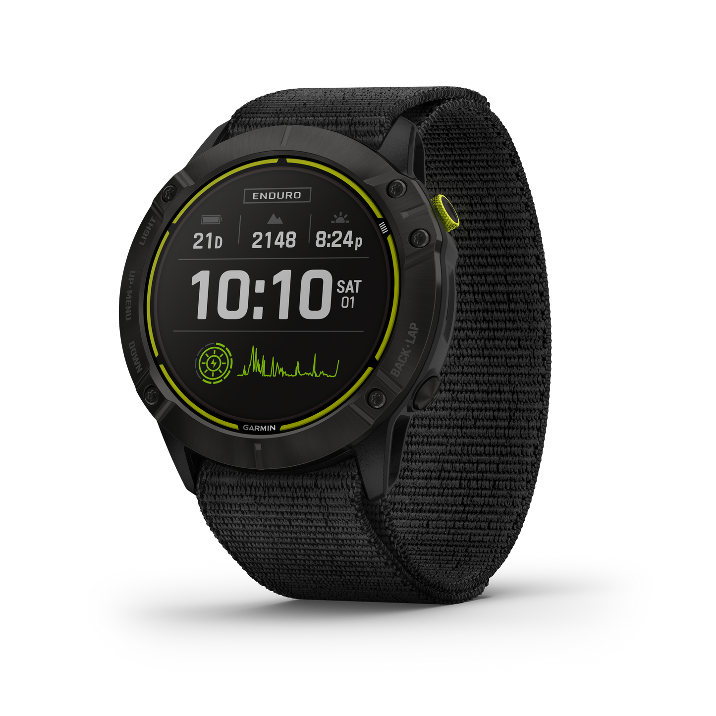 Garmin Enduro smartwatch, certified refurbished, black case with woven strap and neon yellow bezel accent.