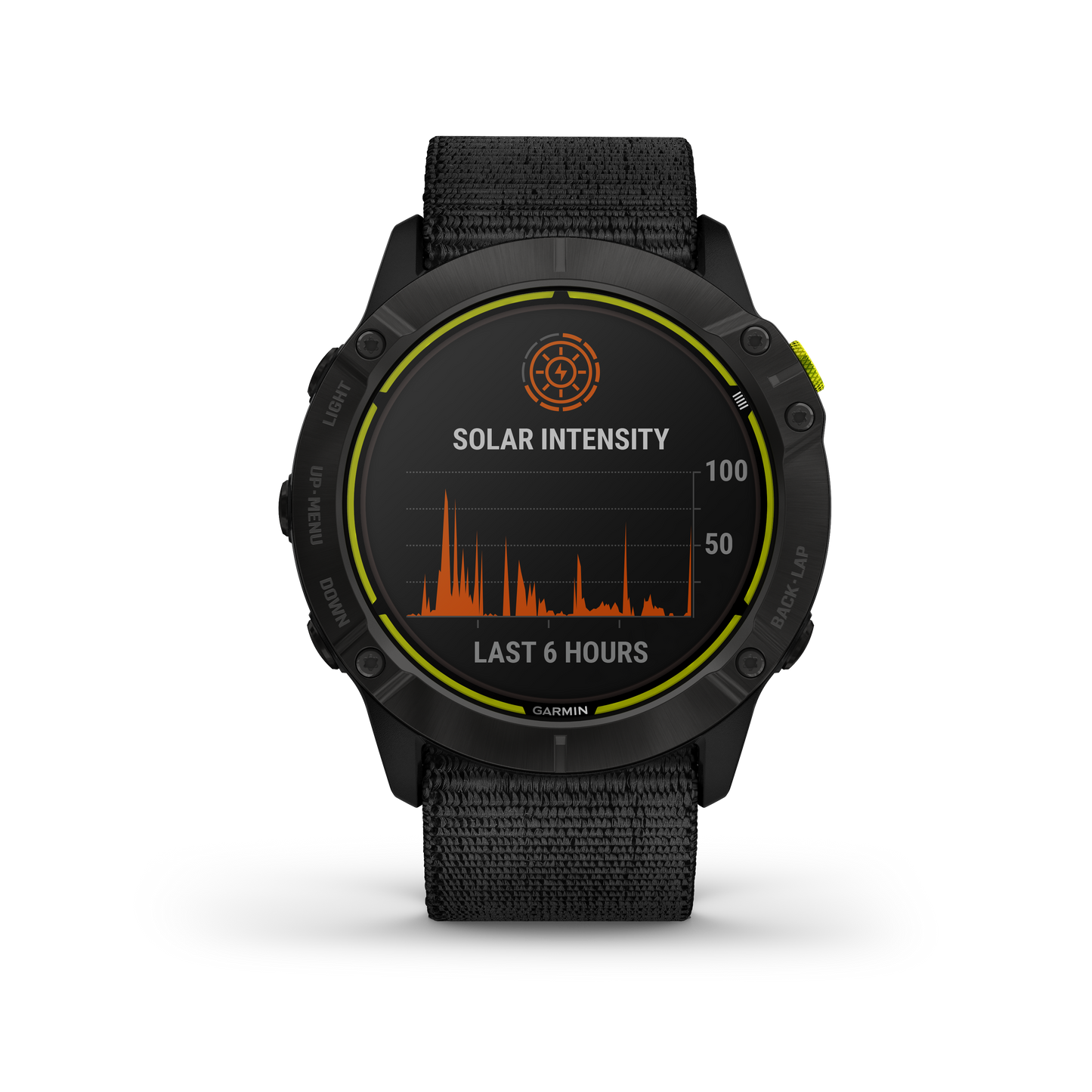 Garmin Enduro smartwatch with black fabric strap and solar intensity display