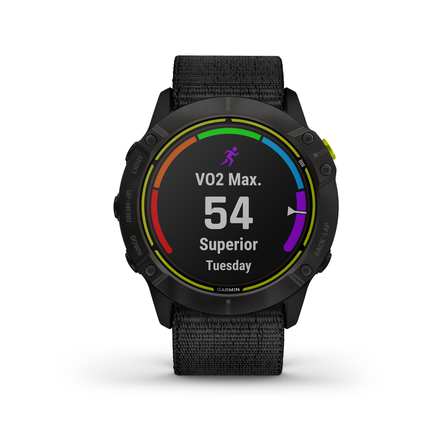 Garmin Enduro certified refurbished GPS smartwatch with black fabric strap and rainbow bezel.