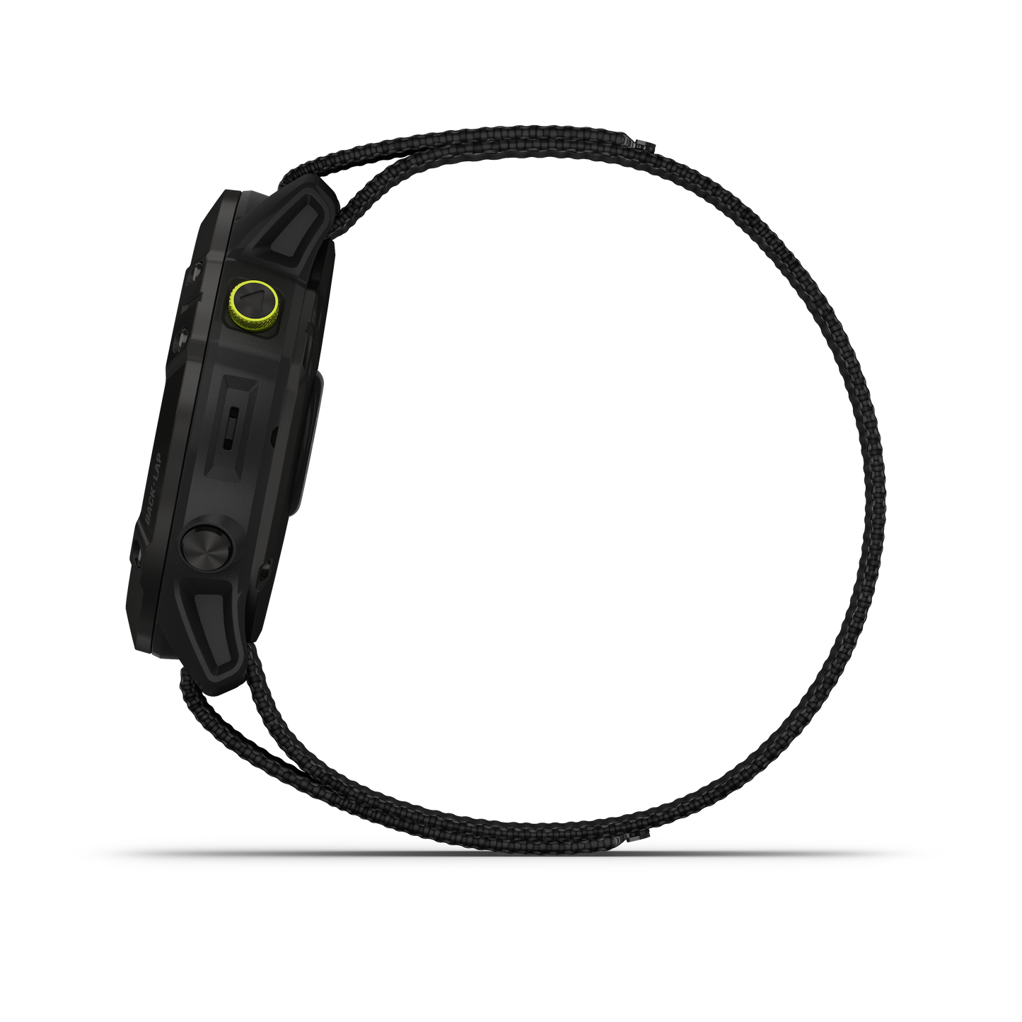 Garmin Enduro smartwatch in black with rugged housing and lime-green crown; braided charging cable visible