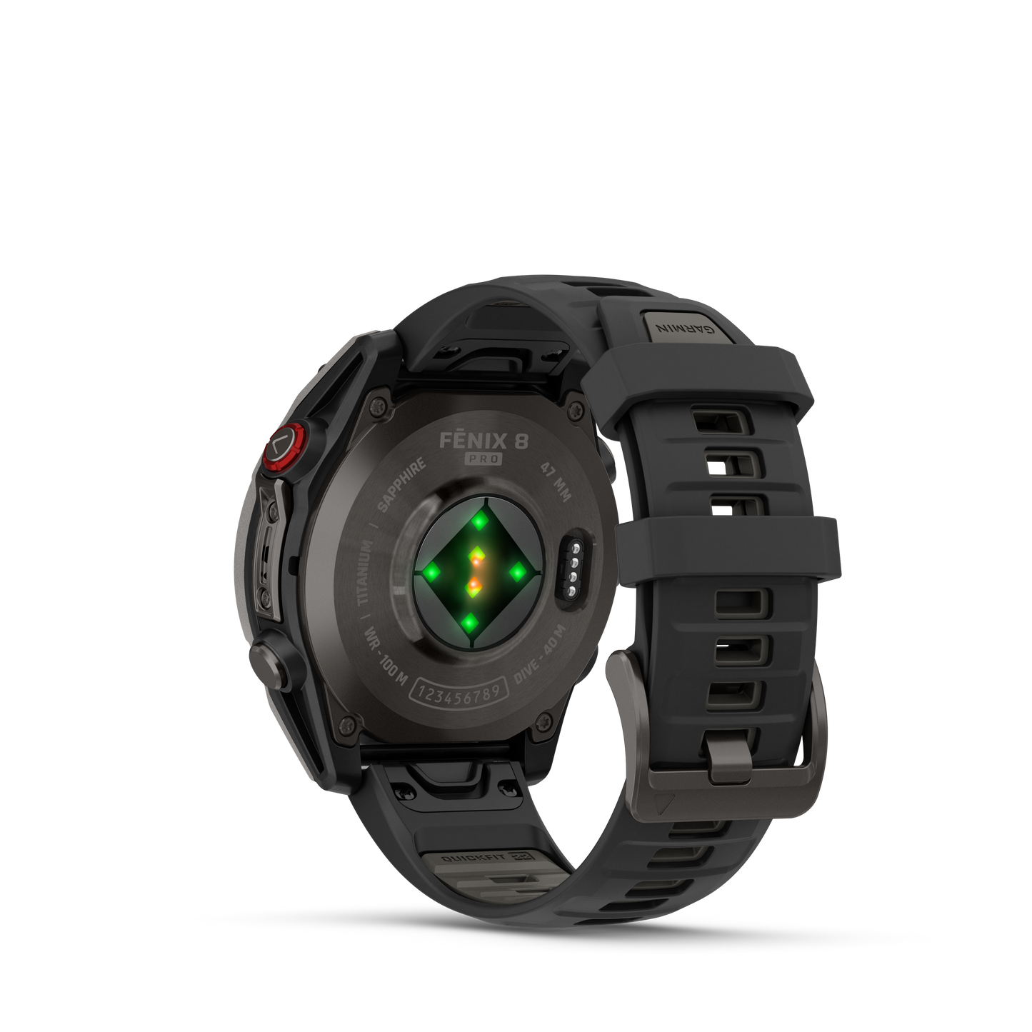 Garmin Fenix 8 Pro smartwatch with carbon gray DLC titanium case and black/pebble gray silicone band