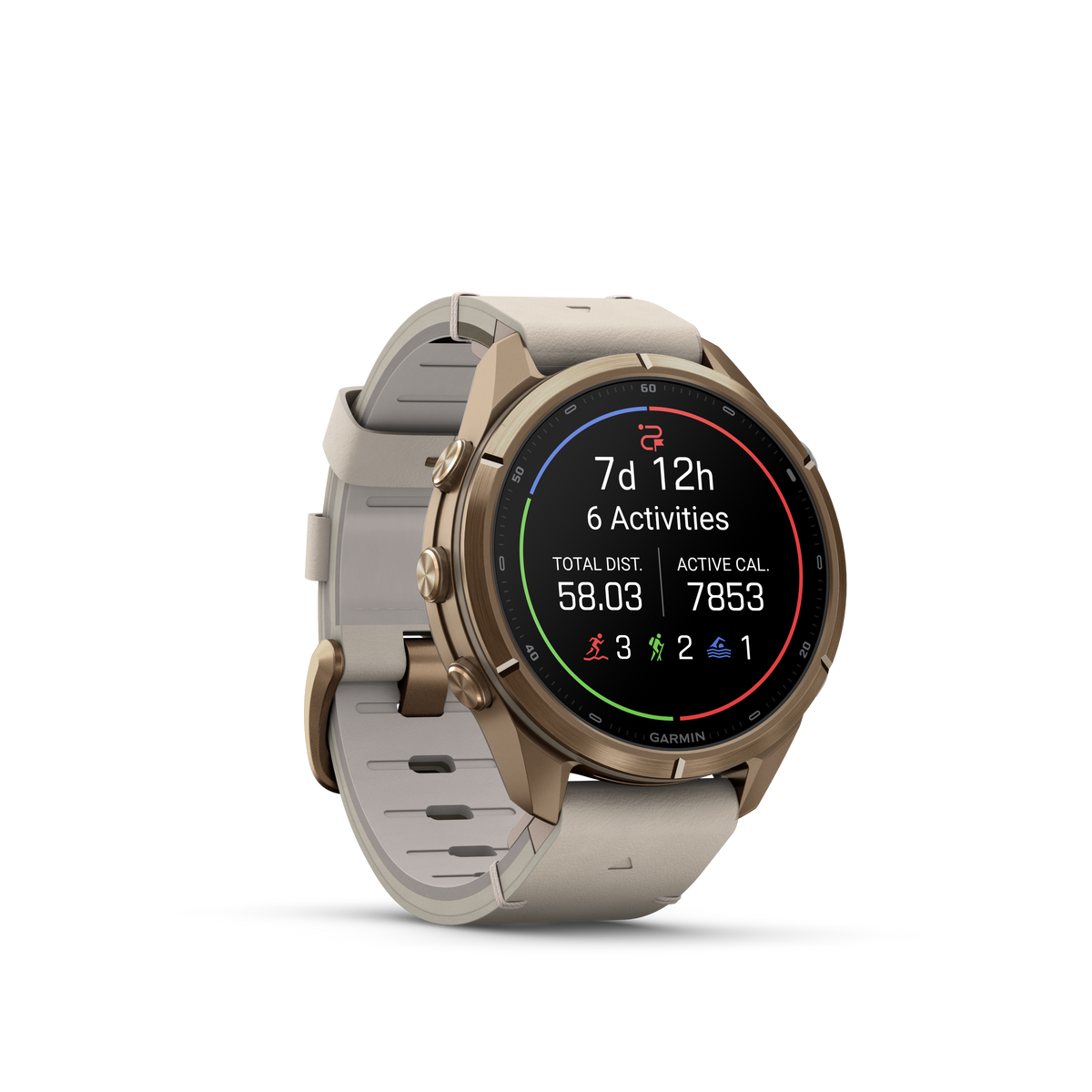 Garmin Fenix 9 Pro inReach AMOLED, (43mm), Gold Titanium w/ Bone Leather and Cream and Gray Silicone Band (010-04335-40)