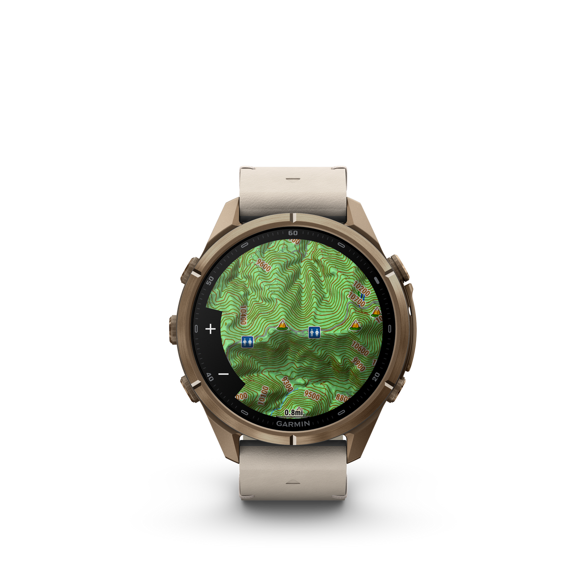 Garmin Fenix 9 Pro inReach AMOLED, (43mm), Gold Titanium w/ Bone Leather and Cream and Gray Silicone Band (010-04335-40)