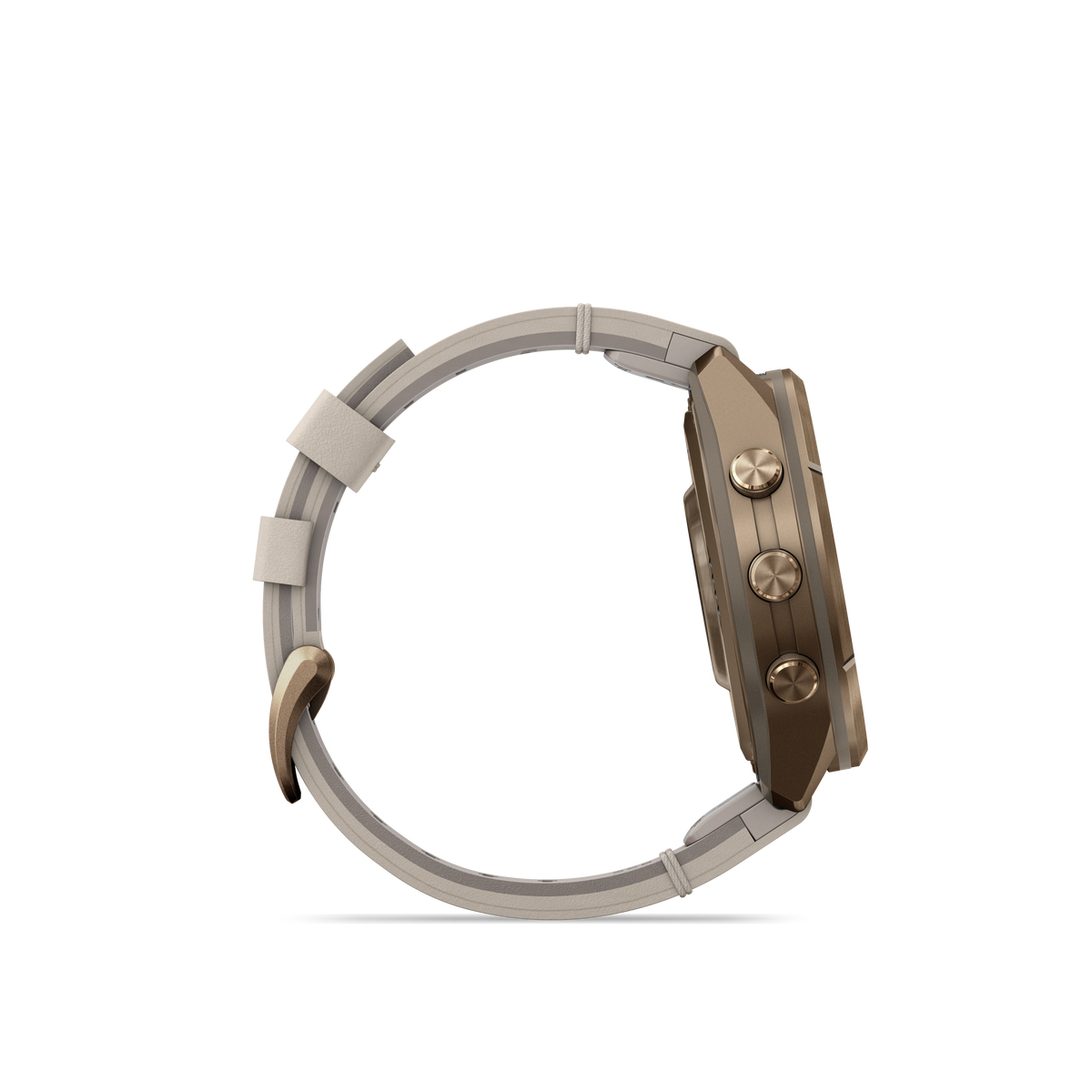 Garmin Fenix 9 Pro inReach AMOLED smartwatch, 43mm, gold titanium with bone leather and cream/gray silicone bands.