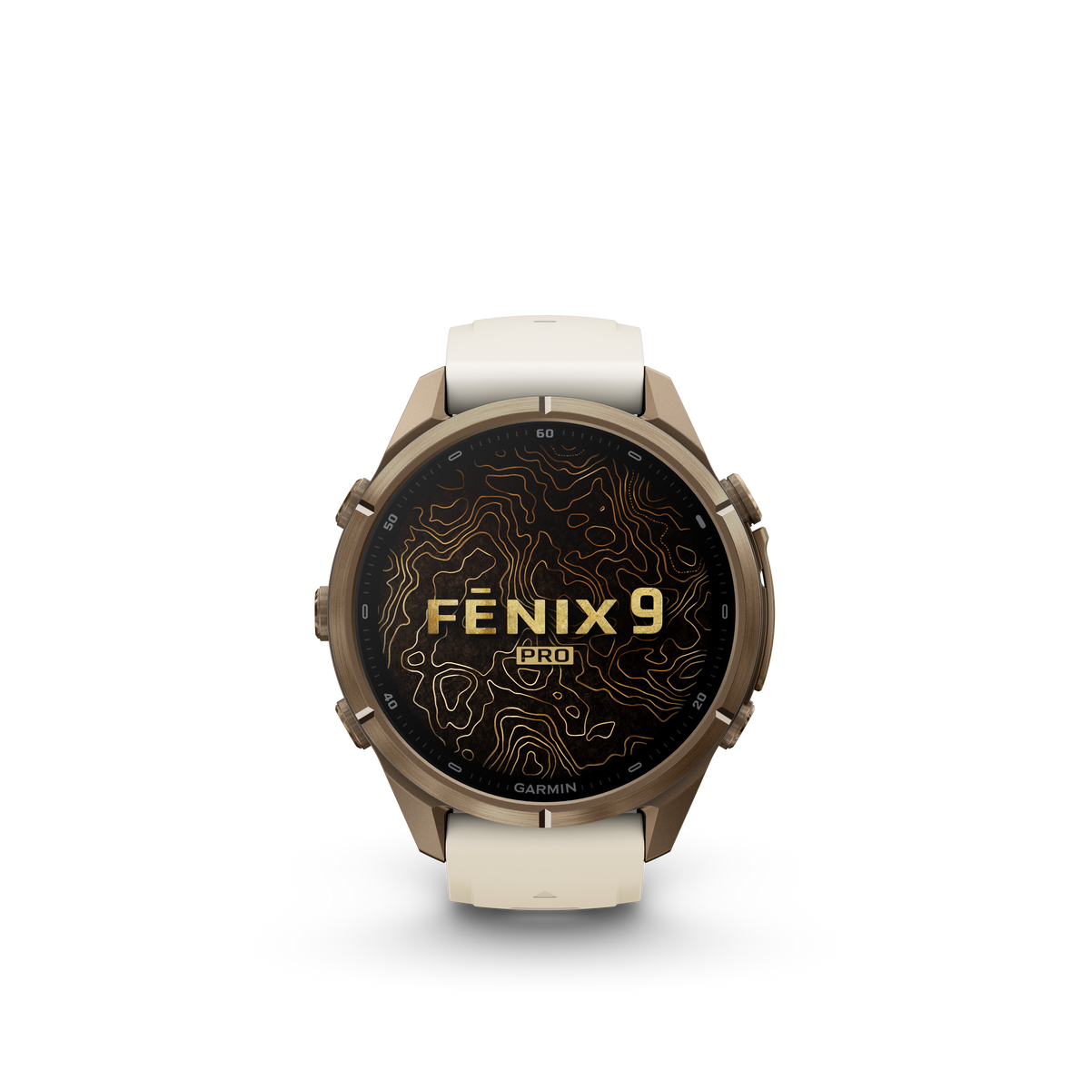 Garmin Fenix 9 Pro AMOLED, (43mm), Gold Titanium w/ Cream and Gray Silicone Band (010-04335-25)