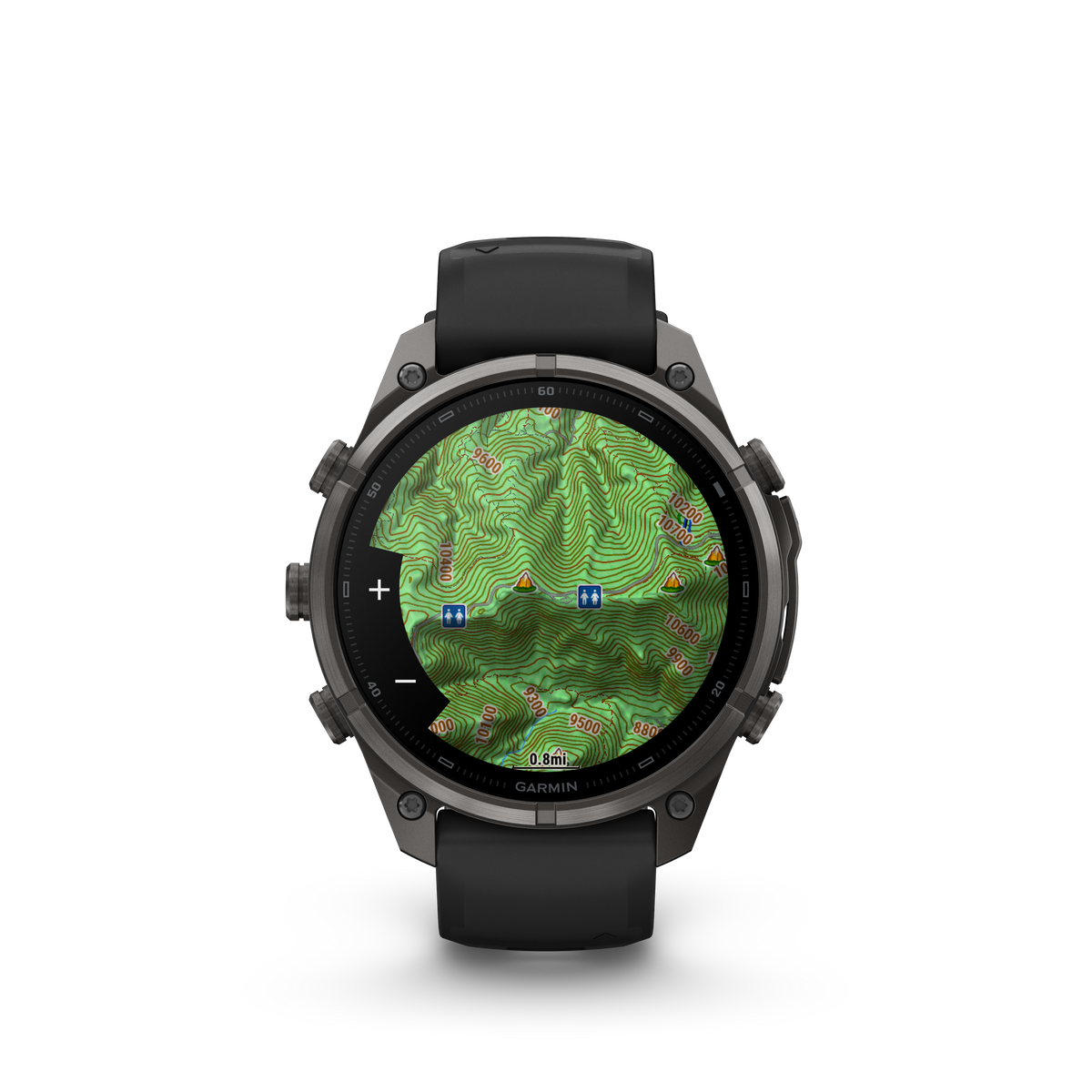 Garmin Fenix 9 Pro AMOLED 47mm DLC Titanium smartwatch with black/gray silicone band and map display