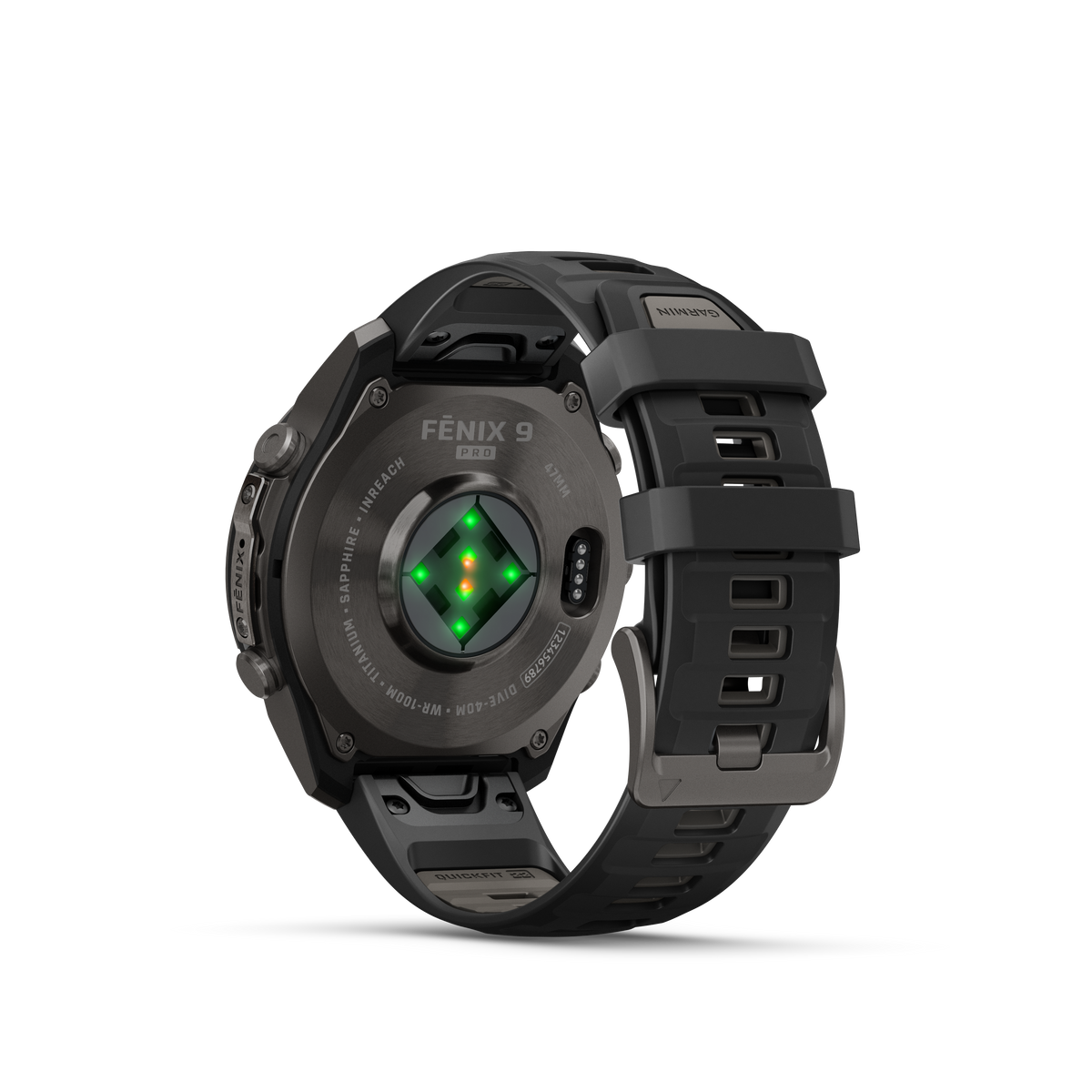Garmin Fenix 9 Pro inReach AMOLED 47mm DLC titanium smartwatch with black and gray silicone band
