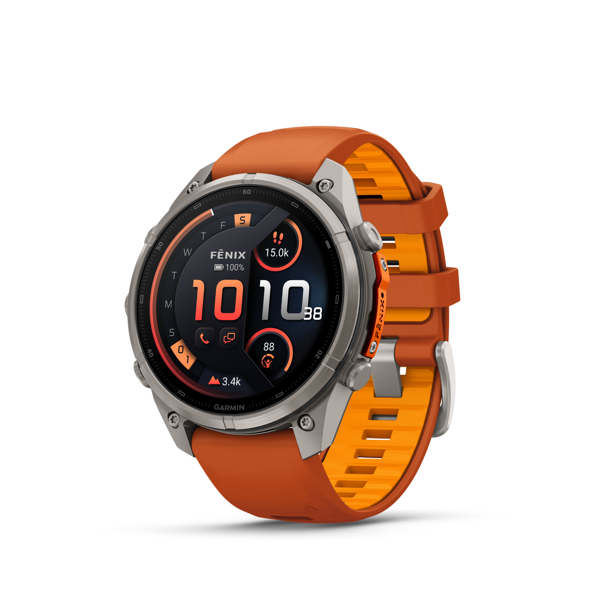 Garmin Fenix 9 Pro inReach AMOLED smartwatch, 47mm titanium case with orange silicone band.