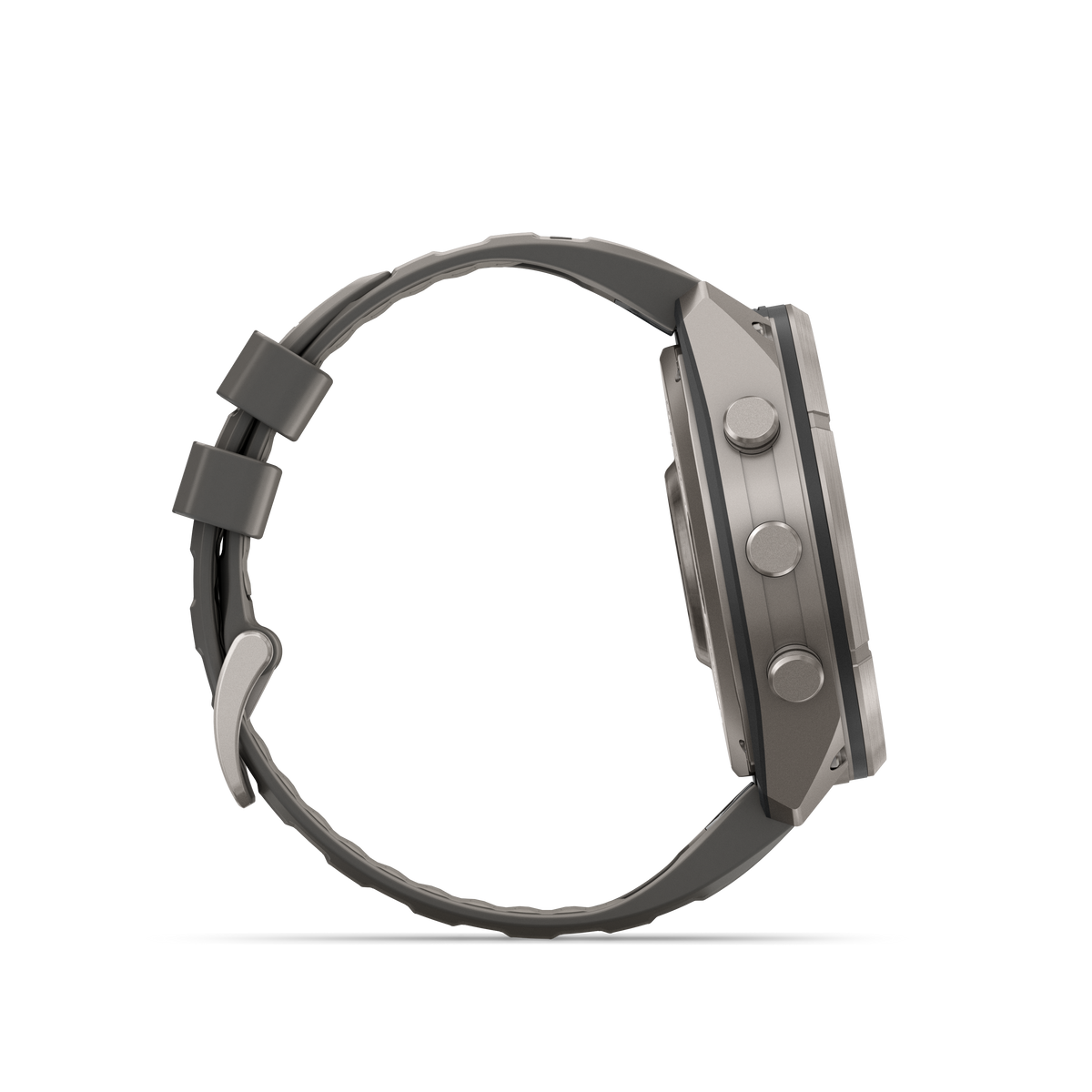 Garmin Fenix 9 Pro Solar smartwatch with titanium case and gray-silver silicone band (side view)