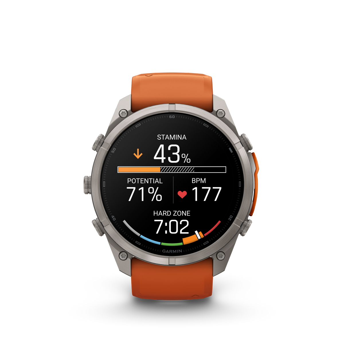 Garmin Fenix 9 Pro AMOLED smartwatch with 51mm titanium case and orange silicone band.