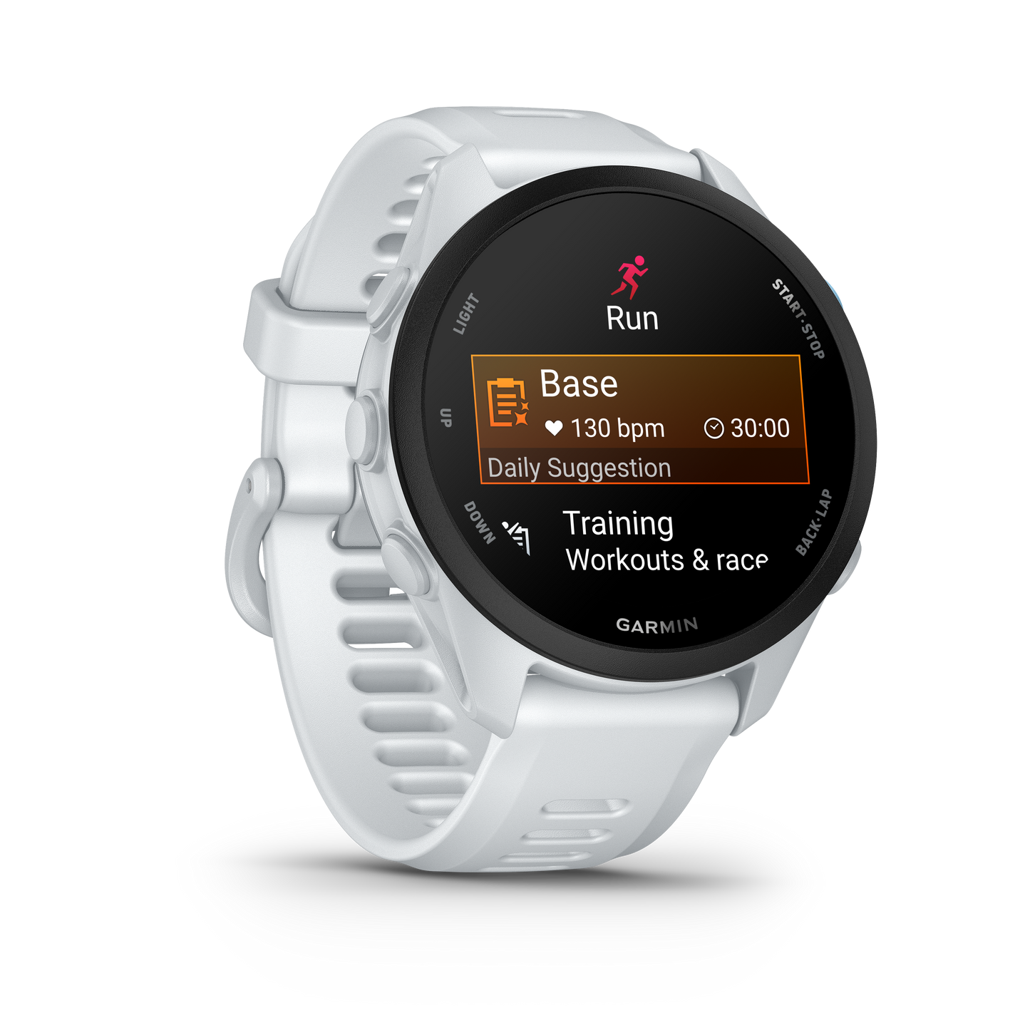 Garmin Forerunner 70 GPS fitness smartwatch in Whitestone with round display.