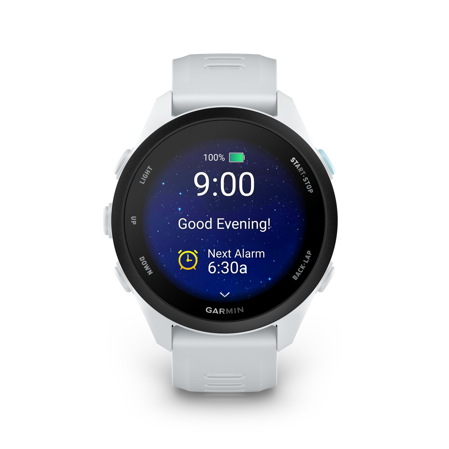 Garmin Forerunner 70 GPS smartwatch with white strap and black bezel.