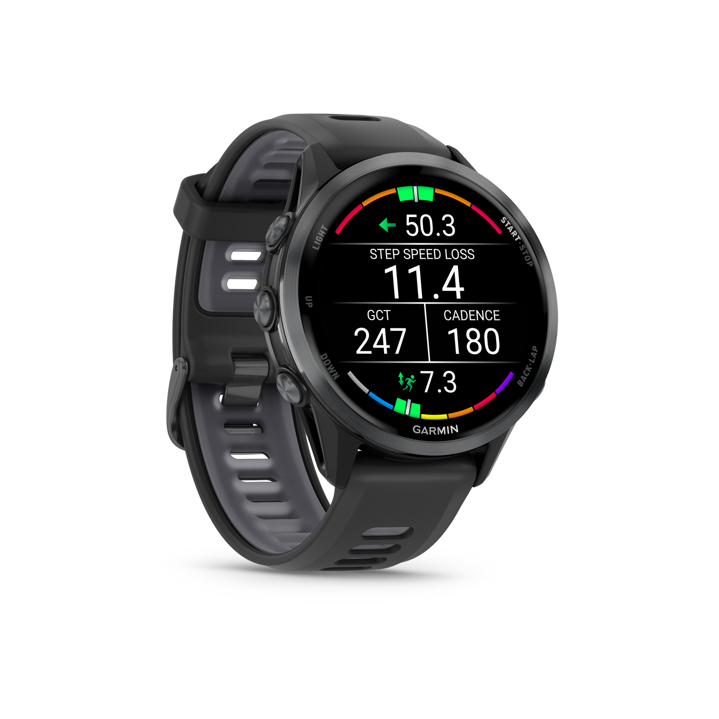 Garmin Forerunner 970 smartwatch with carbon-gray DLC titanium case and Whitestone band