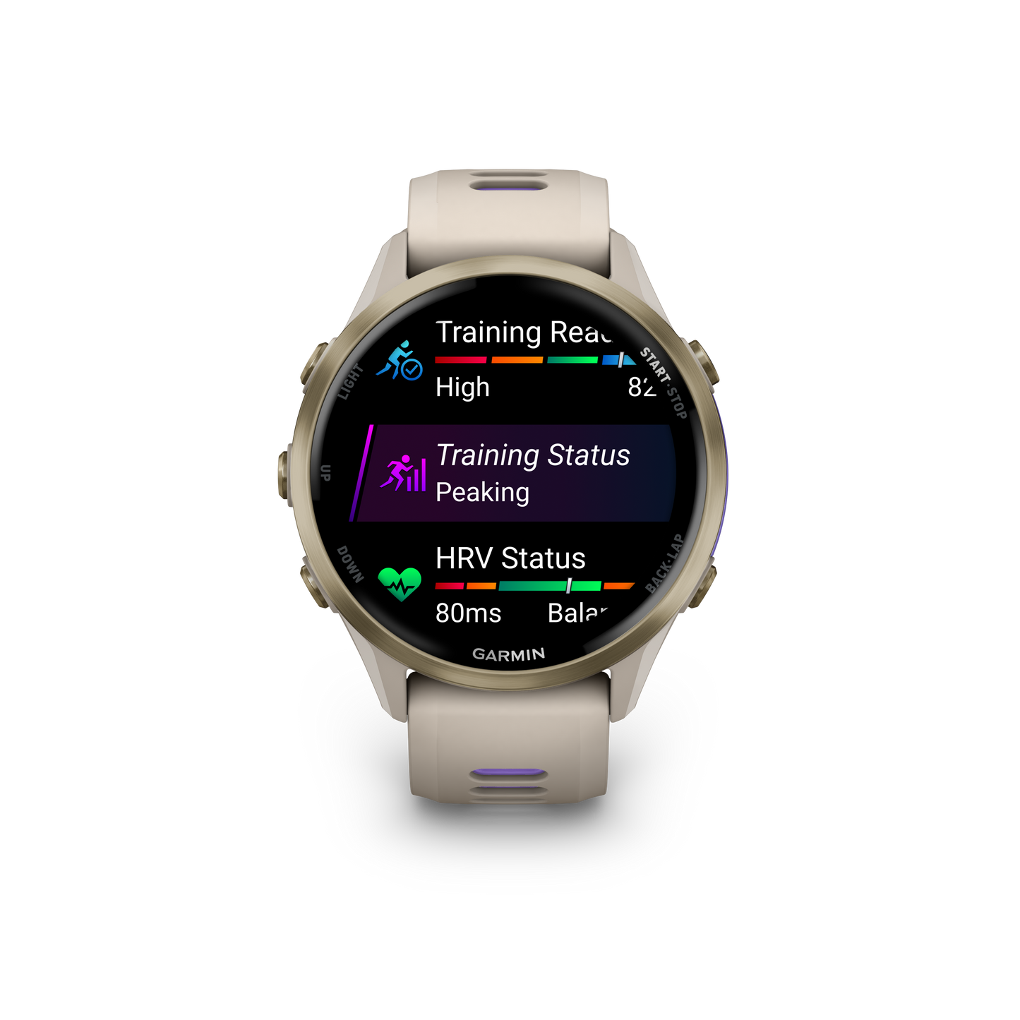 Garmin Forerunner 970 smartwatch with soft gold titanium case and French Gray/Indigo accents