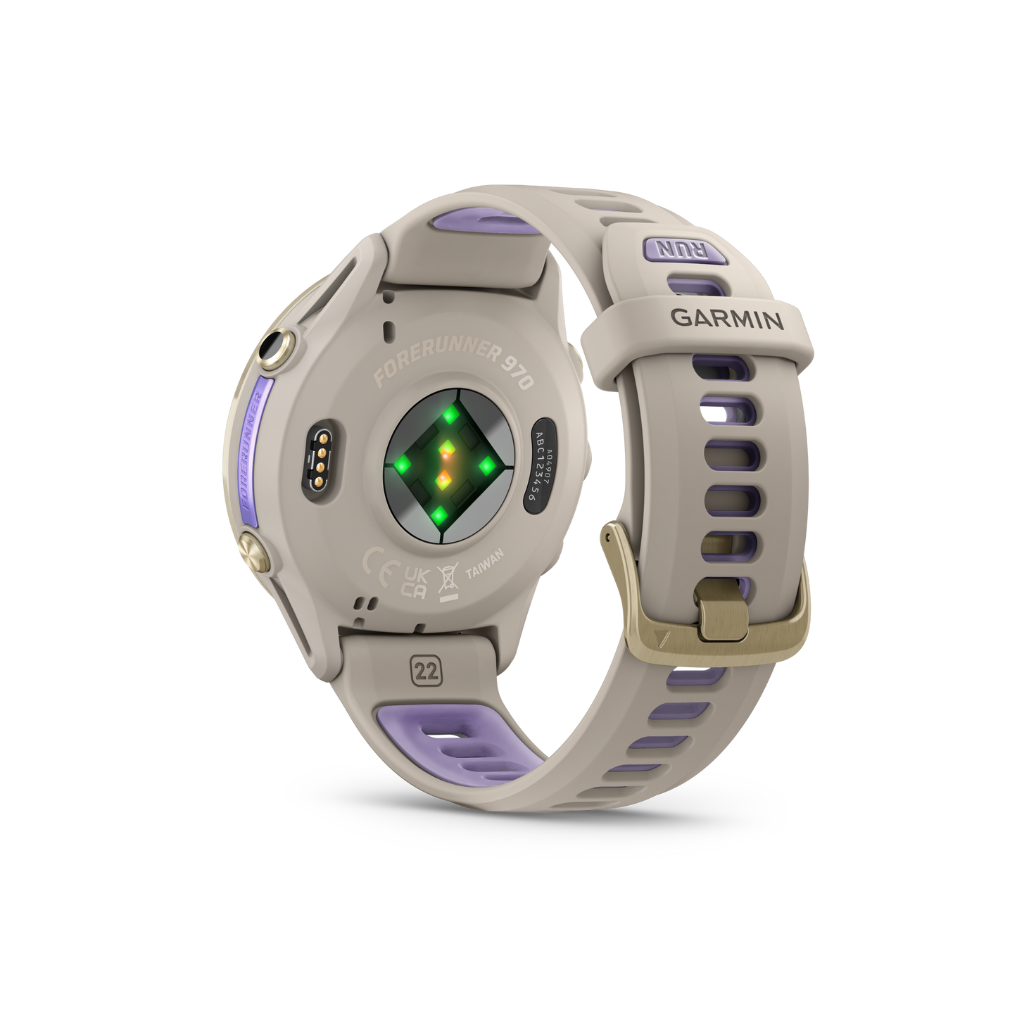 Garmin Forerunner 970 smart watch, soft gold titanium case with lavender accents on cream strap