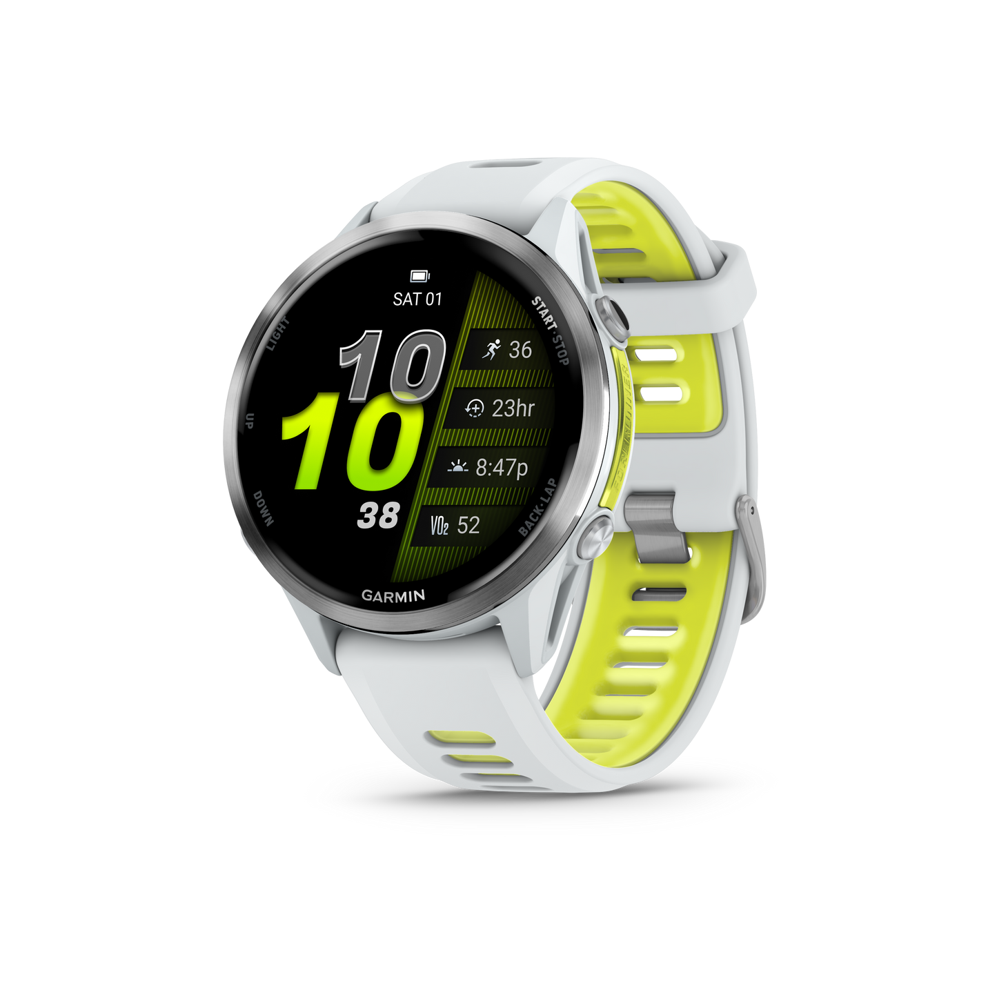 Garmin Forerunner 970 smartwatch with titanium case and Whitestone/Amp Yellow band