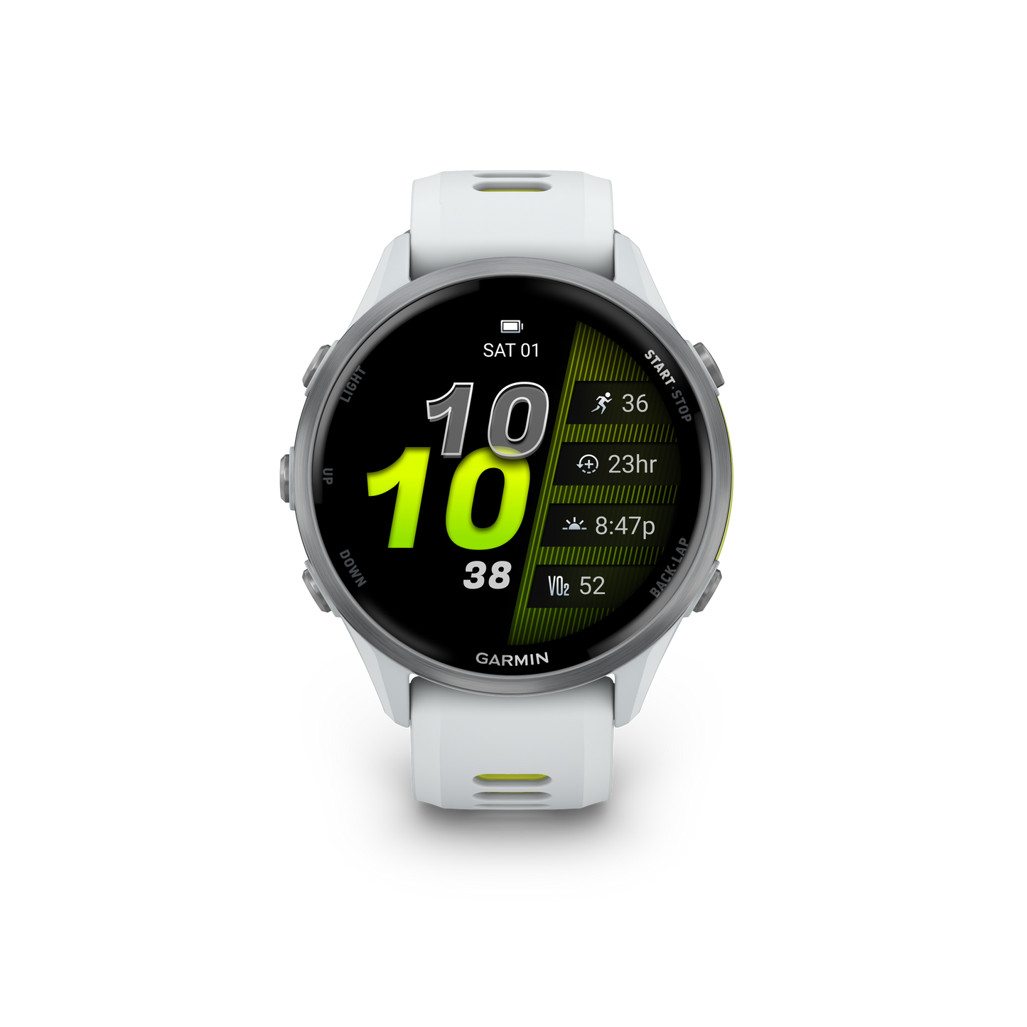 Garmin Forerunner 970 smartwatch with titanium case and Whitestone/Amp Yellow band