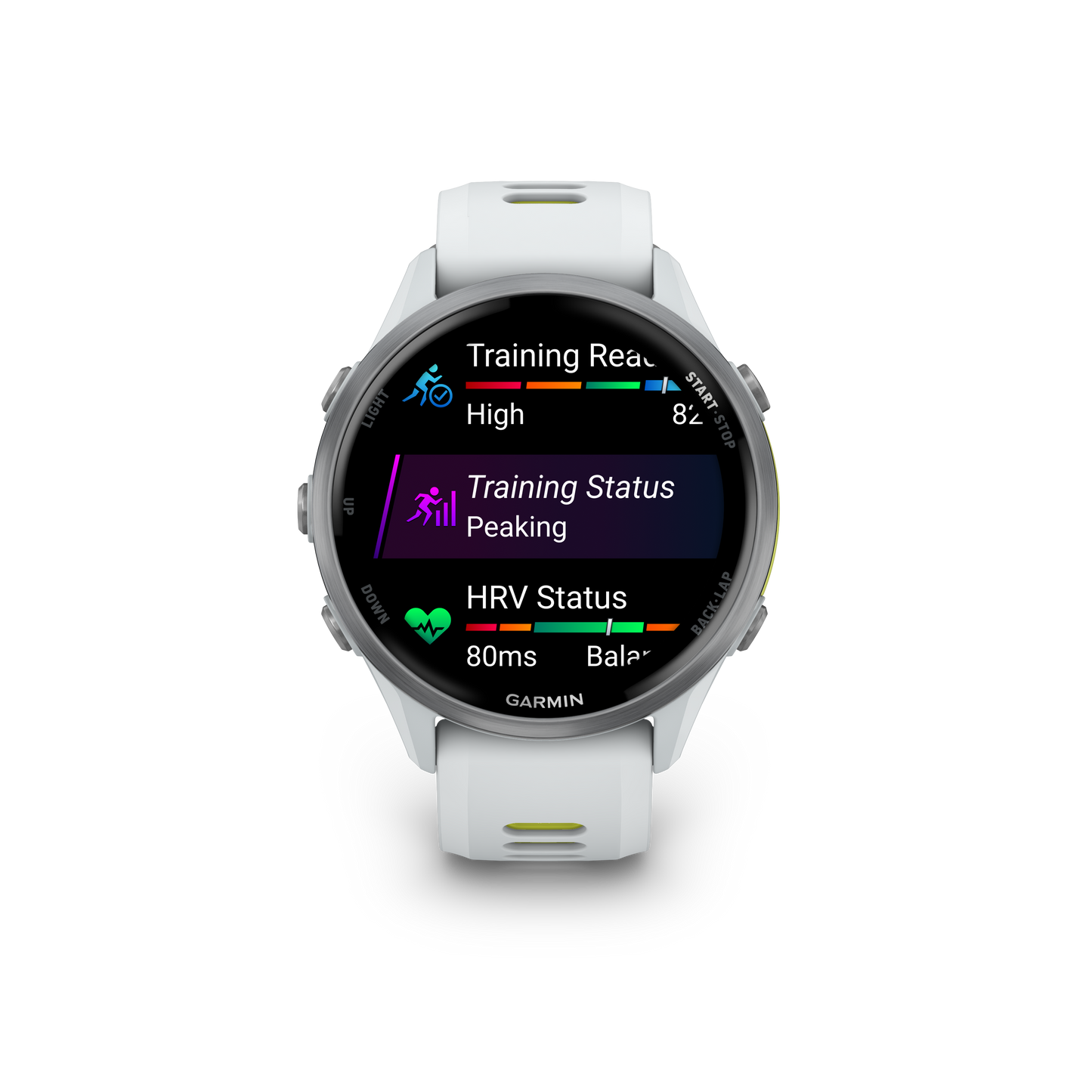 Garmin Forerunner 970 smartwatch, titanium case with Whitestone/Amp Yellow band