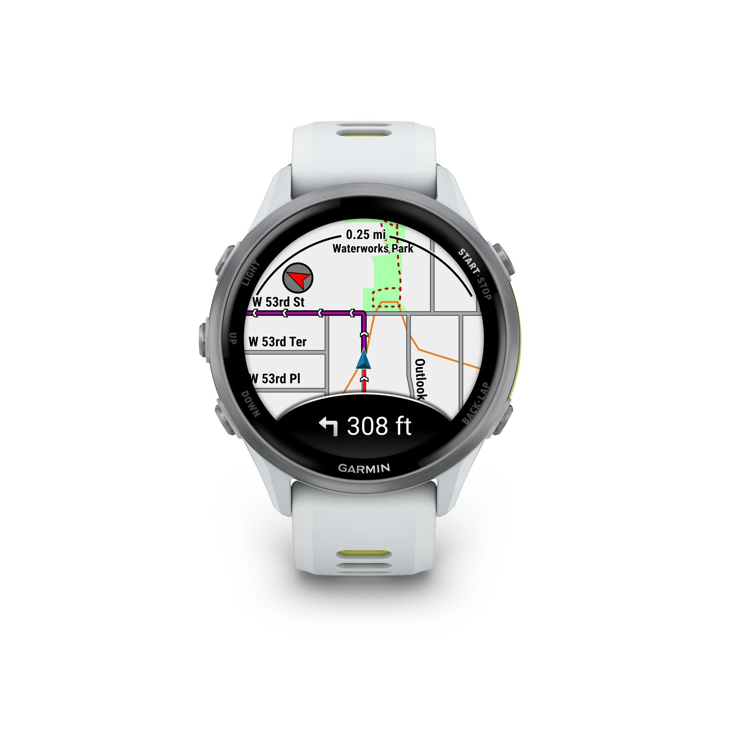 Garmin Forerunner 970 smartwatch, titanium case with Whitestone and Amp Yellow band.