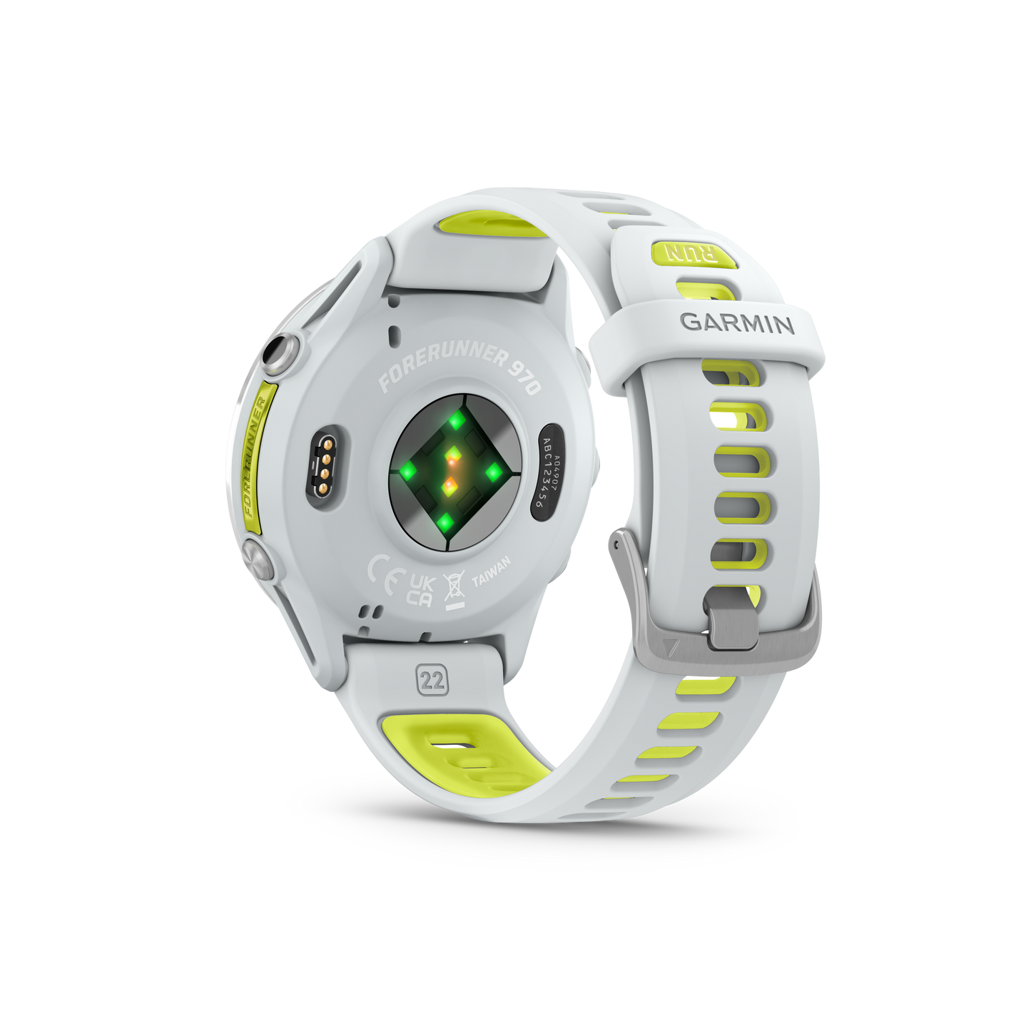 Garmin Forerunner 970 smartwatch with Whitestone/Amp Yellow band and white case.