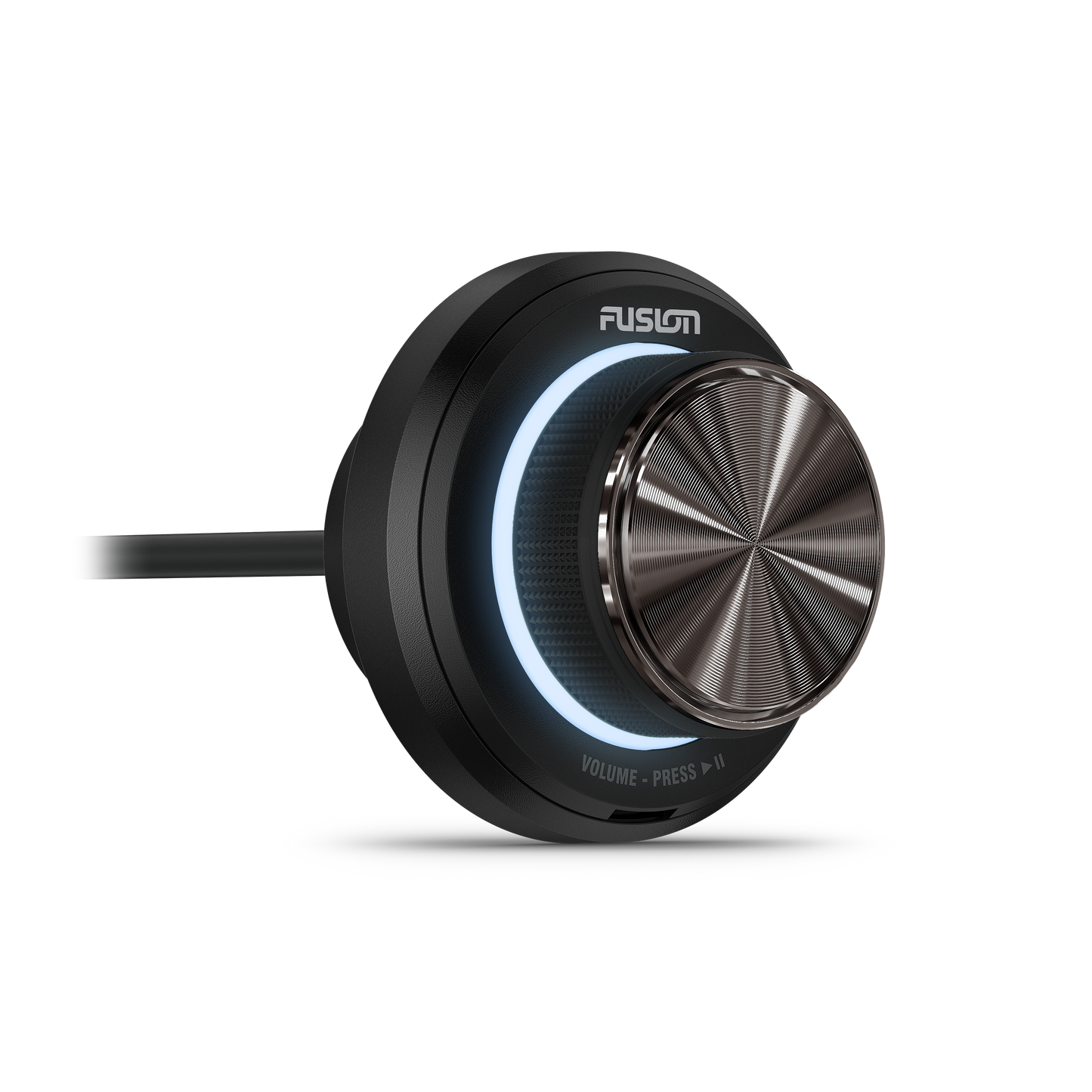Garmin Fusion MS-NRX50 single stereo volume controller for marine audio, round black dial with blue backlit ring.