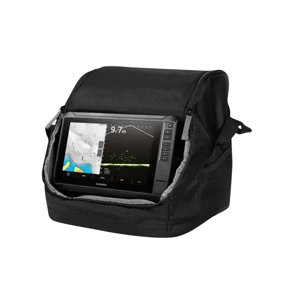 Garmin ECHOMAP 95sv UHD2 marine chartplotter in a black protective carry bag