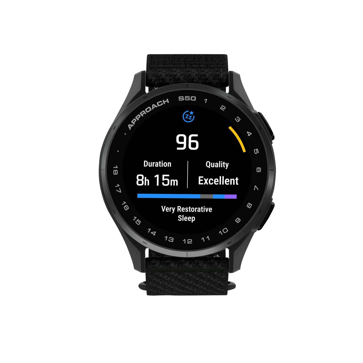 Garmin Approach S50 golf GPS smartwatch with slate bezel and black ComfortFit nylon band