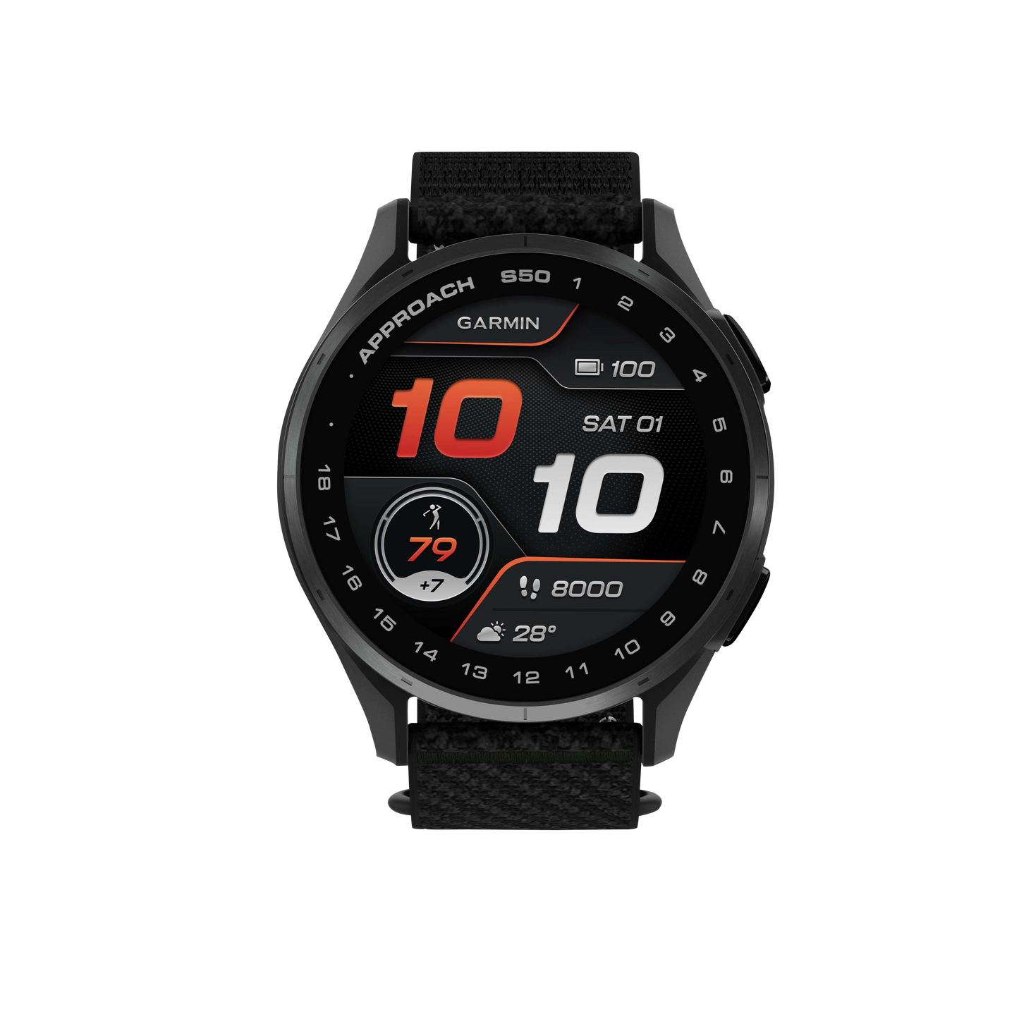 Garmin Approach S50 golf GPS smartwatch with slate bezel and black ComfortFit nylon band