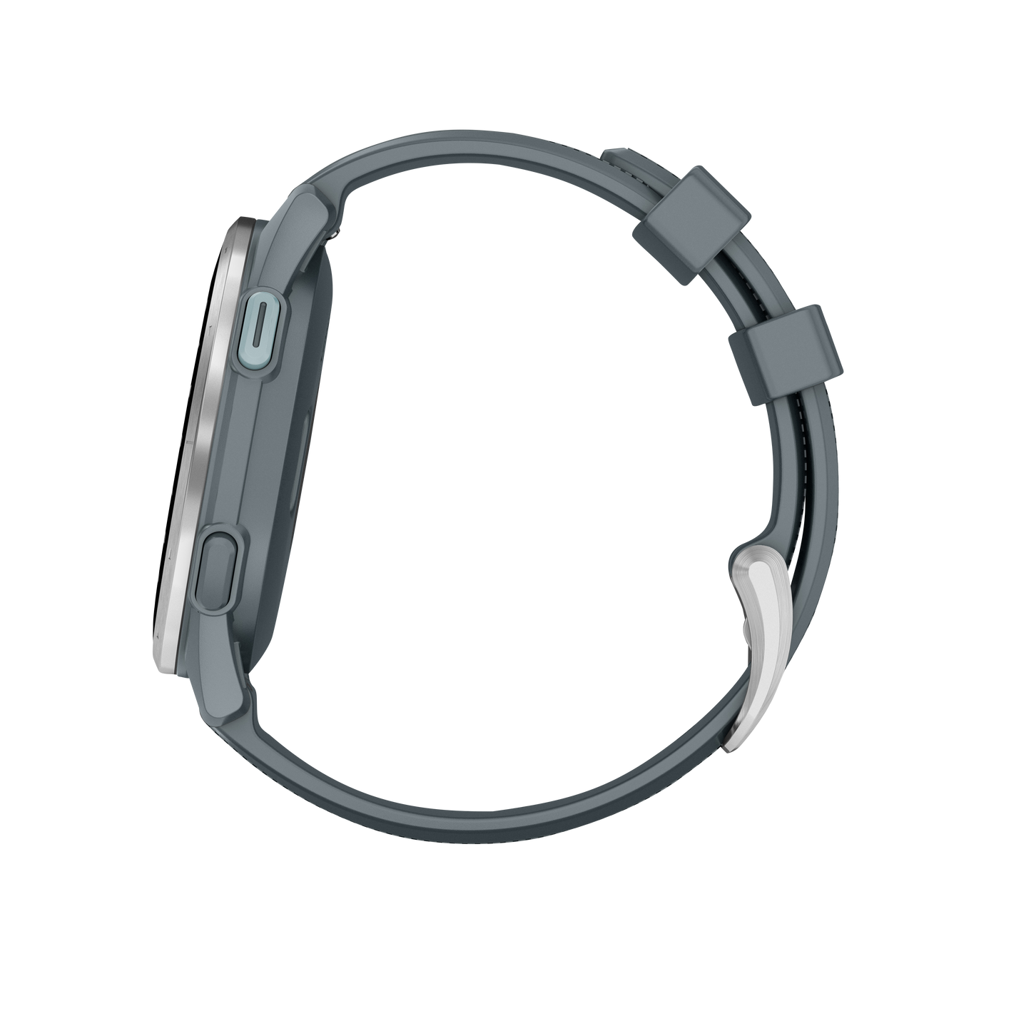 Garmin Approach S44 smartwatch with silver bezel and Twilight Band, close-up of band and side button