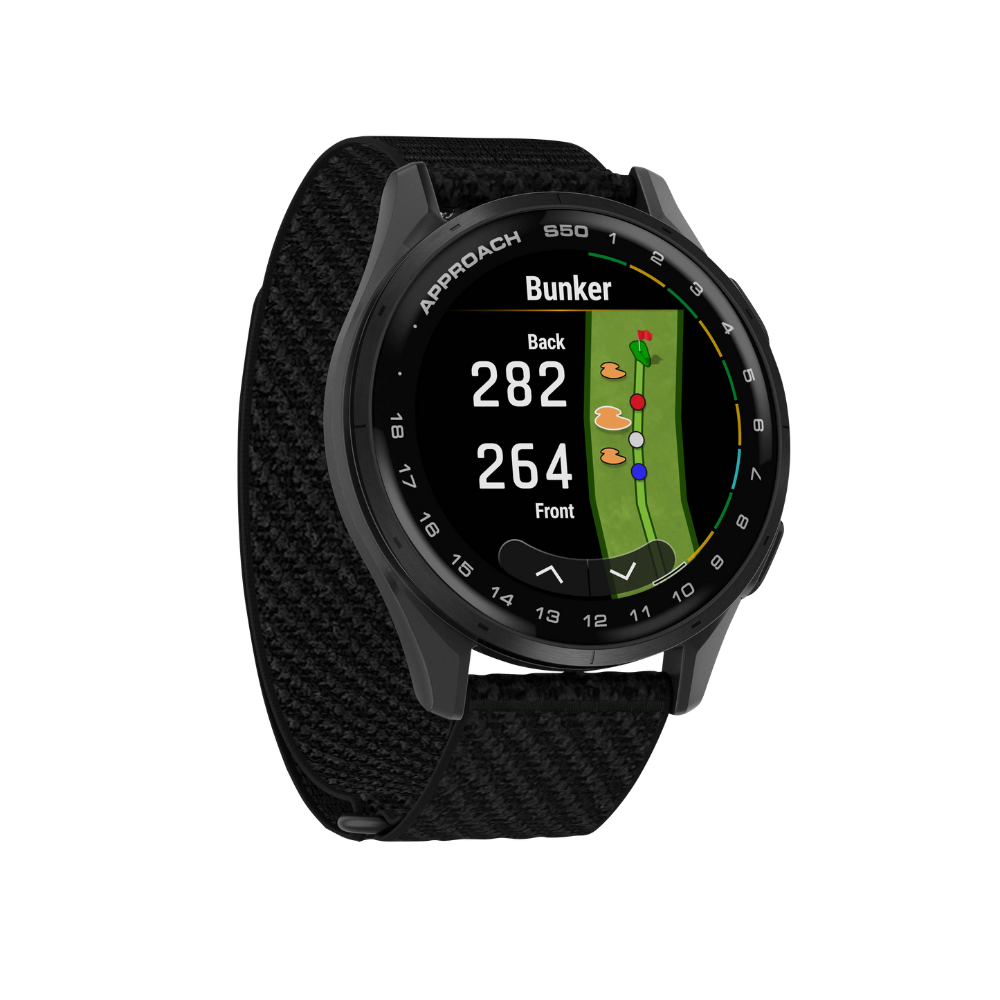 Garmin Approach S50 golf GPS smartwatch with slate bezel and black ComfortFit nylon band