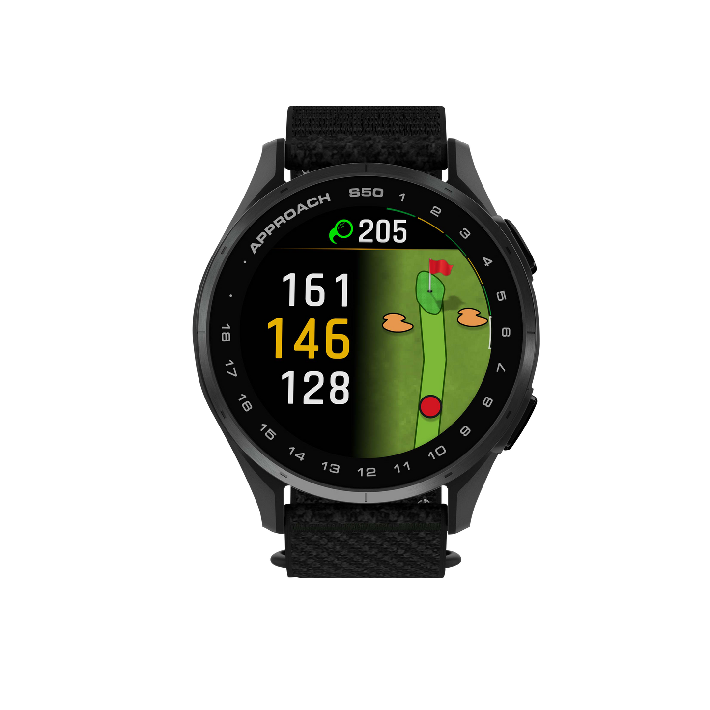 Garmin Approach S50 golf GPS smartwatch with slate bezel and black ComfortFit nylon band.