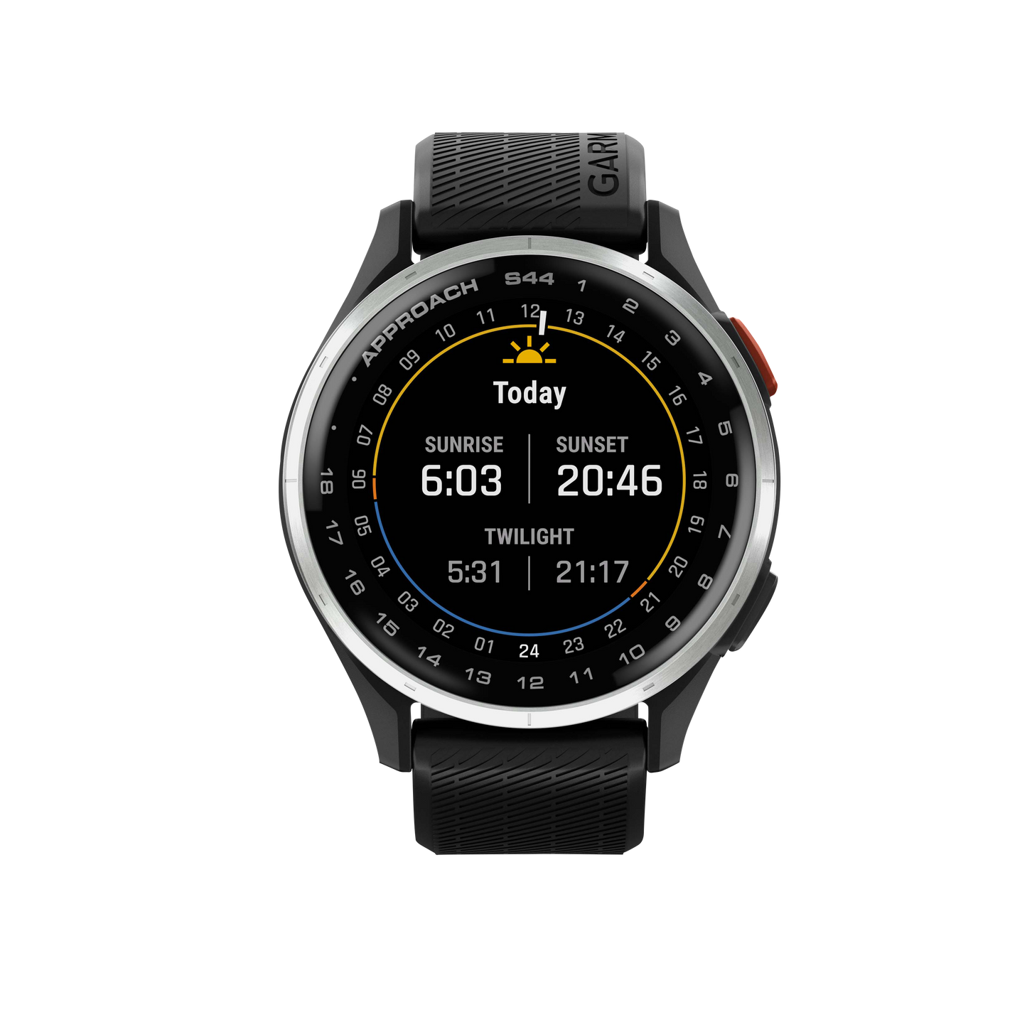 Garmin Approach S44 golf GPS smartwatch with silver bezel and black band