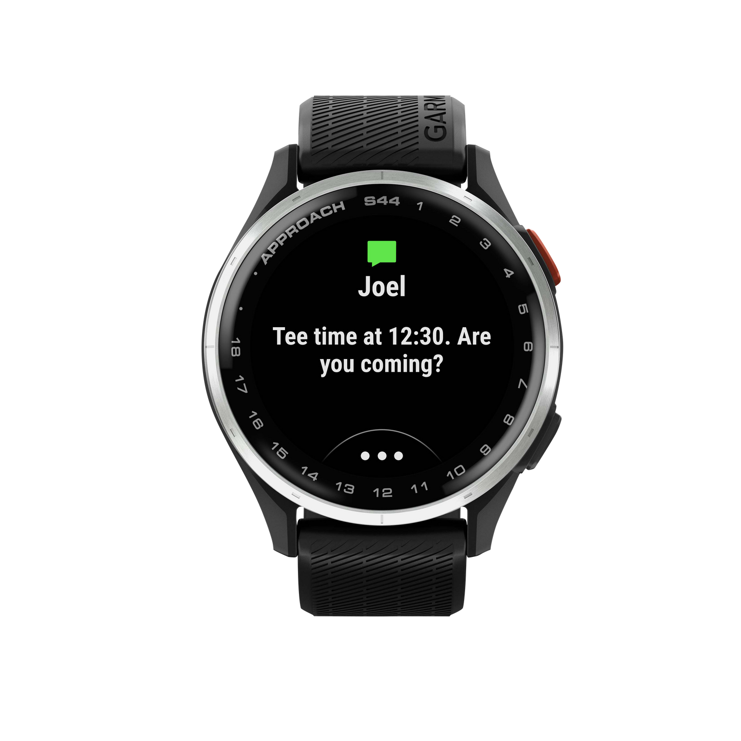 Garmin Approach S44 golf GPS smartwatch with silver bezel and black band