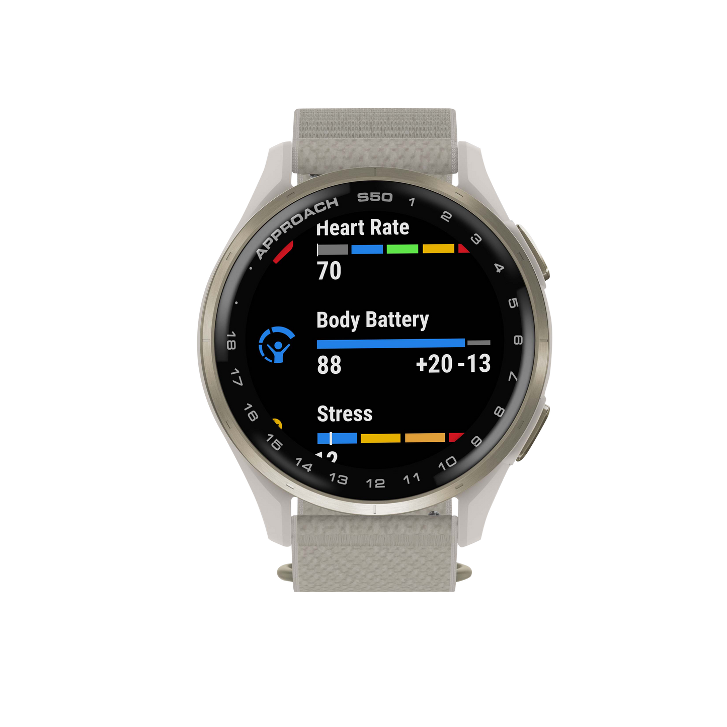 Garmin Approach S50 golf GPS smartwatch with gold bezel and ivory ComfortFit nylon band.
