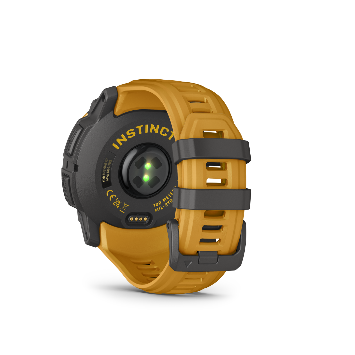 Garmin Instinct 3 Solar smartwatch with sunburst orange strap and gray bezel, back view showing sensor array