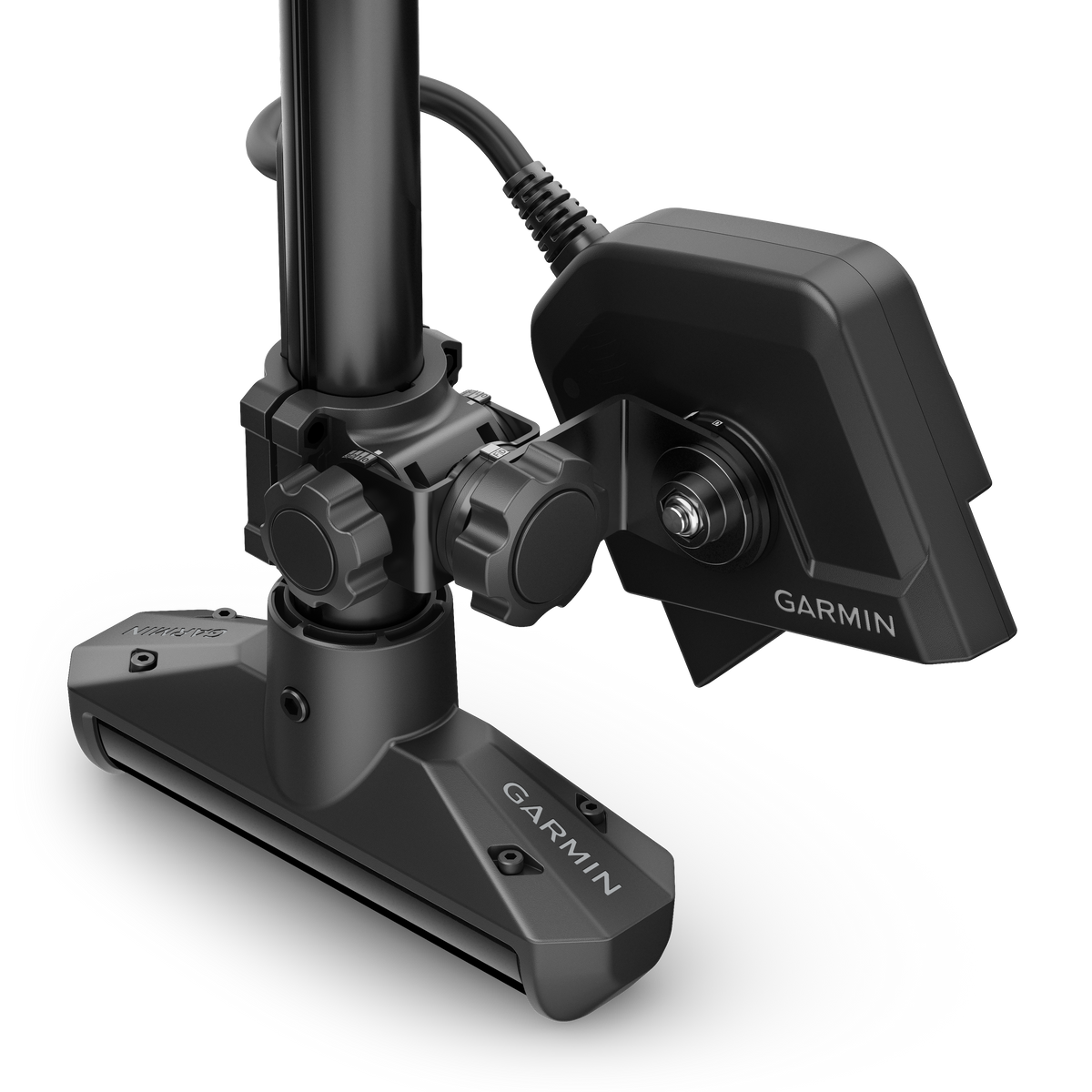 Garmin LiveScope 2 HD Ice Fishing Transducer on a dark gray mount with Garmin branding