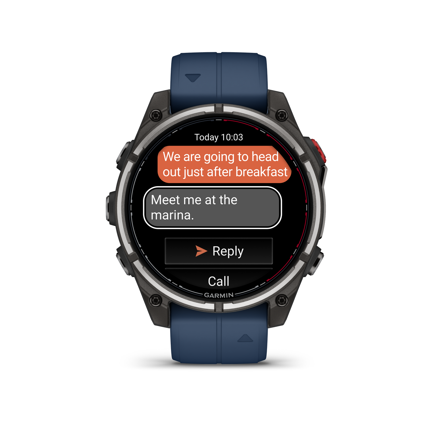 Garmin Quatix 8 Pro 47 mm marine smartwatch with blue strap and round AMOLED display showing chat messages